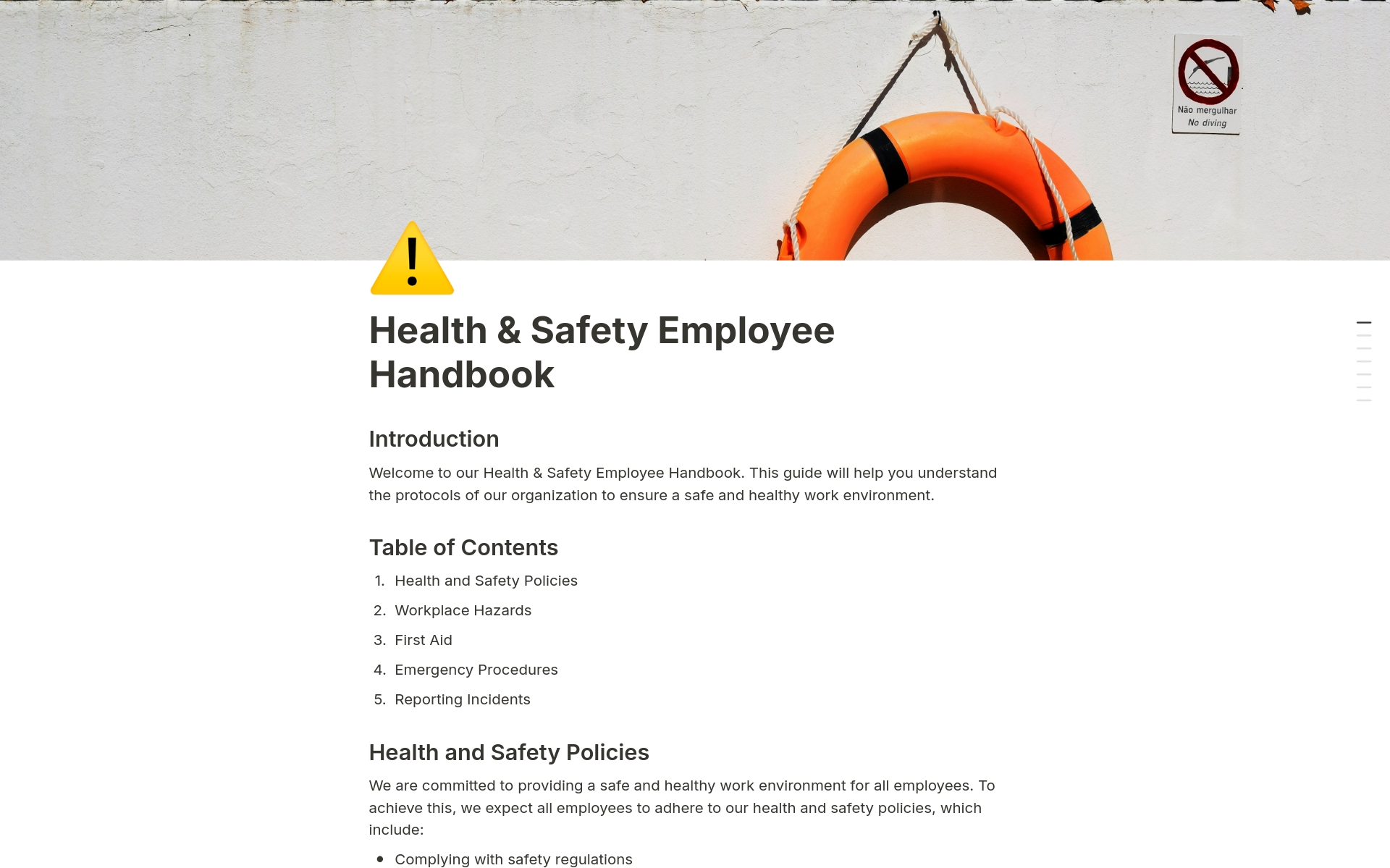 En forhåndsvisning av mal for Health & Safety Employee Handbook