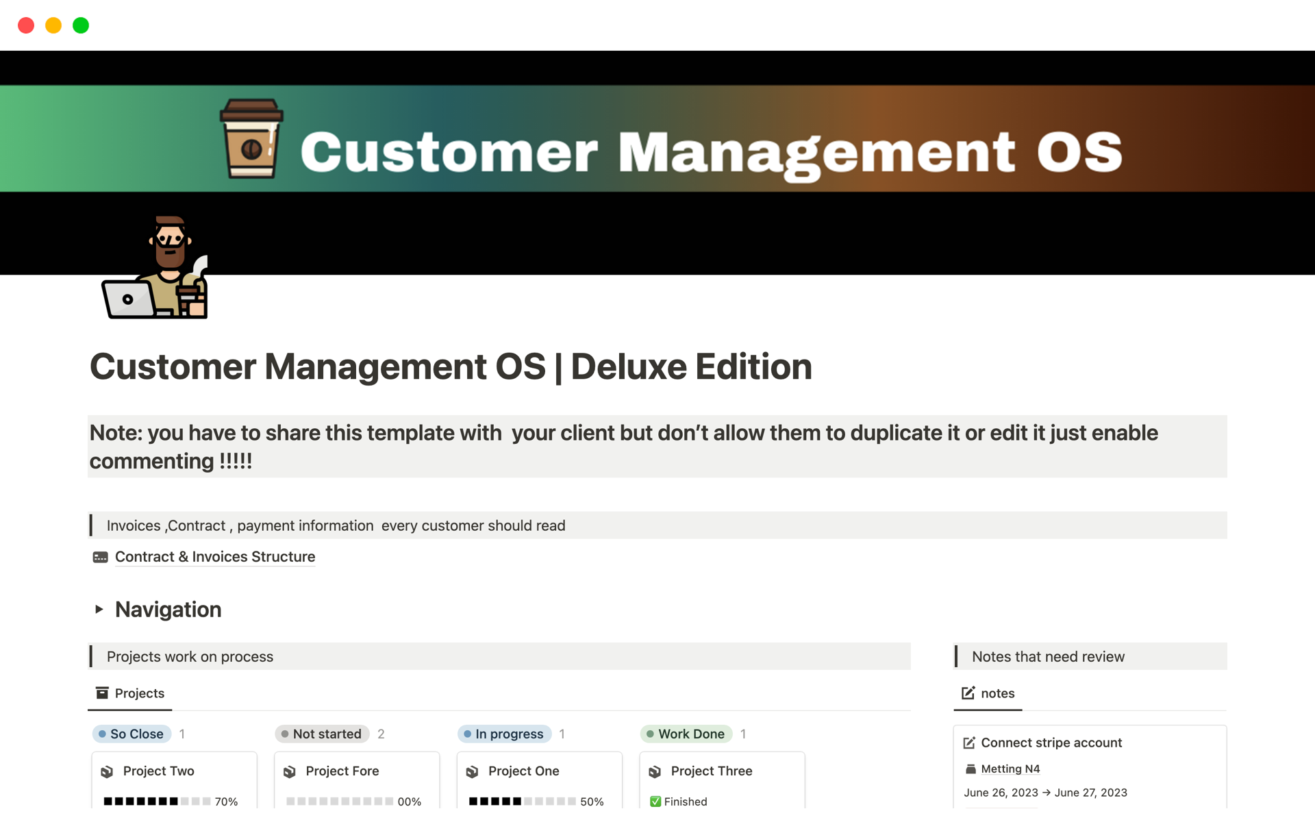 En forhåndsvisning av mal for Customer Management OS | Deluxe Edition