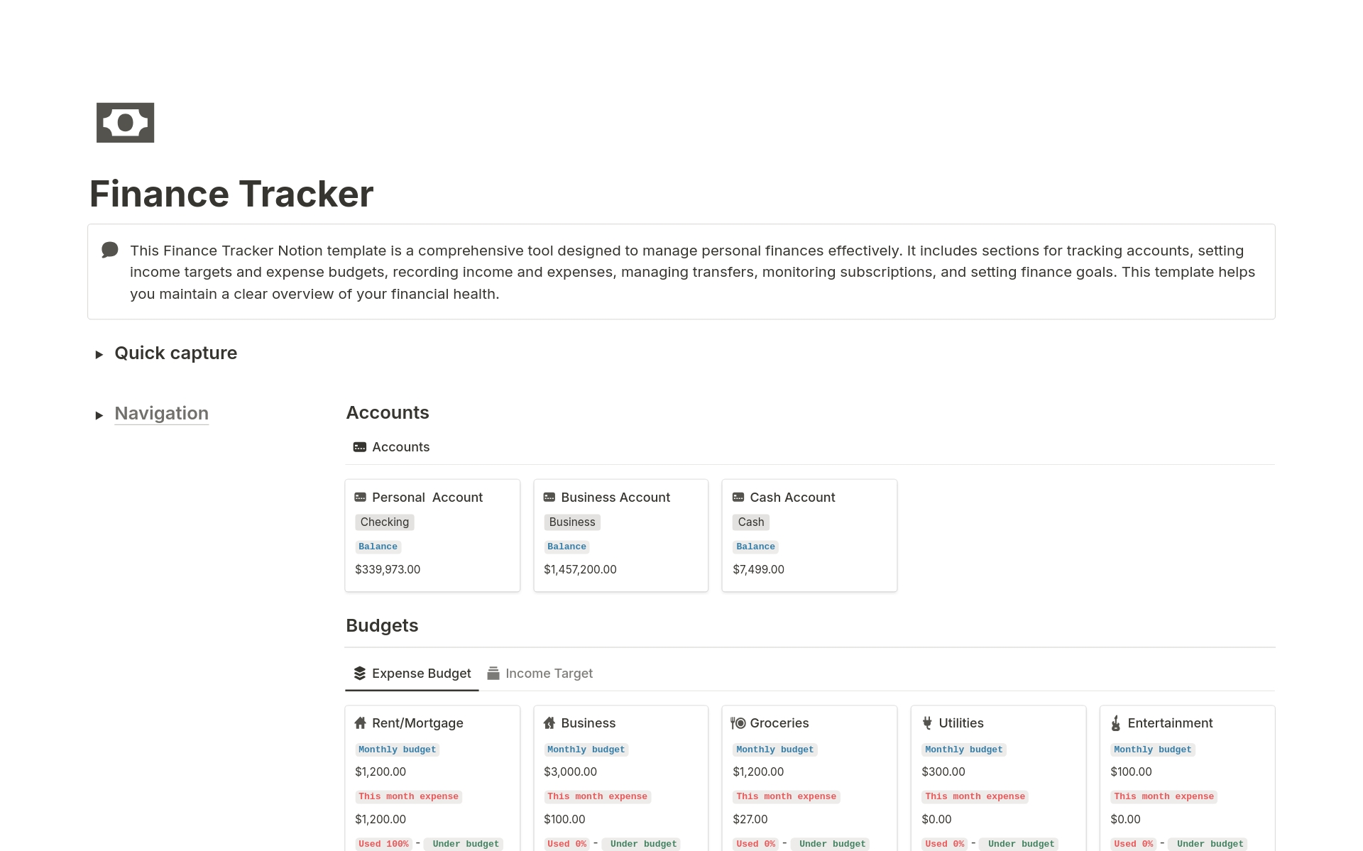 This Finance Tracker Notion template is a comprehensive tool designed to manage personal finances effectively.