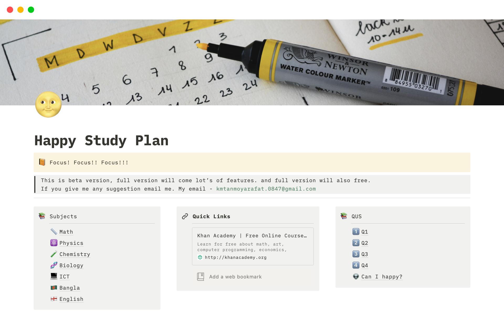 A template preview for Happy Study Plan