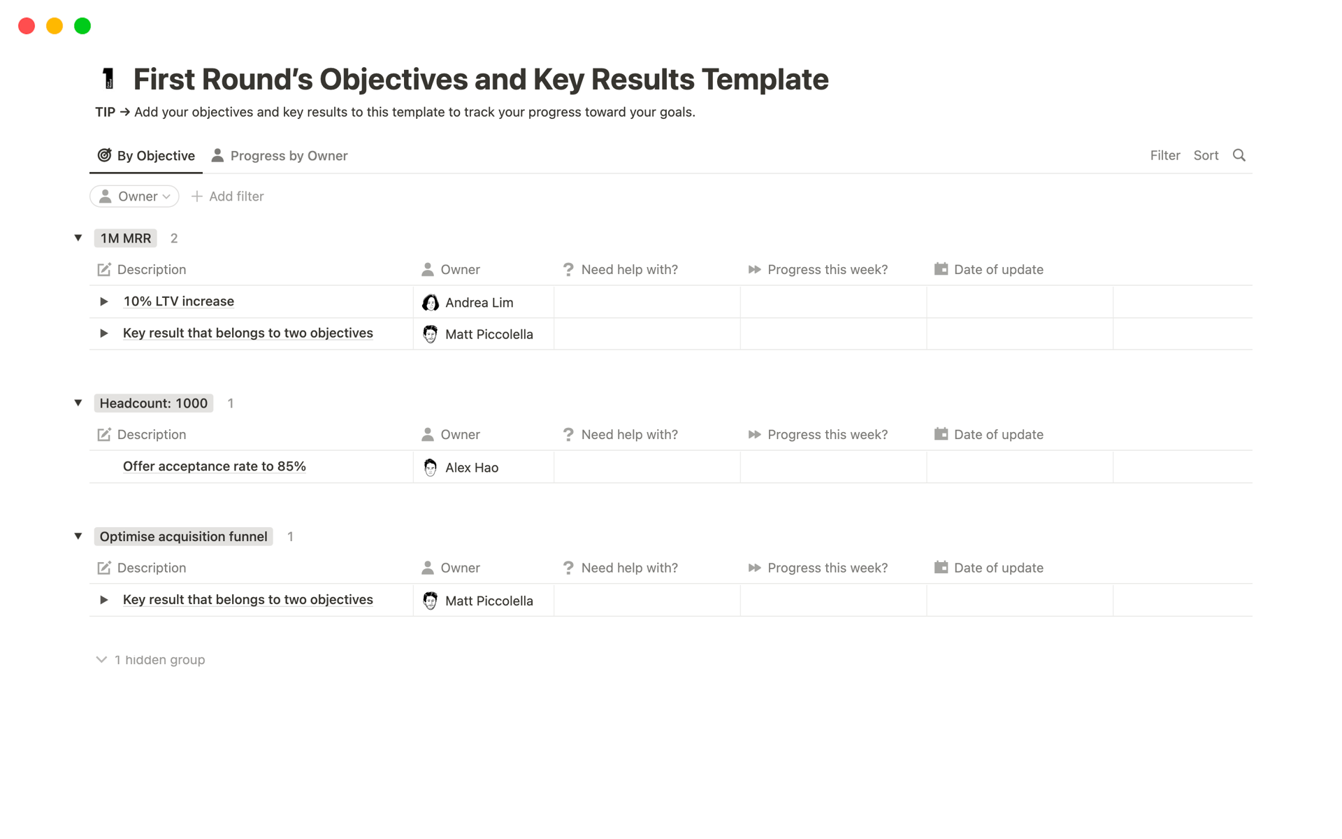 Vista previa de una plantilla para Objectives and Key Results