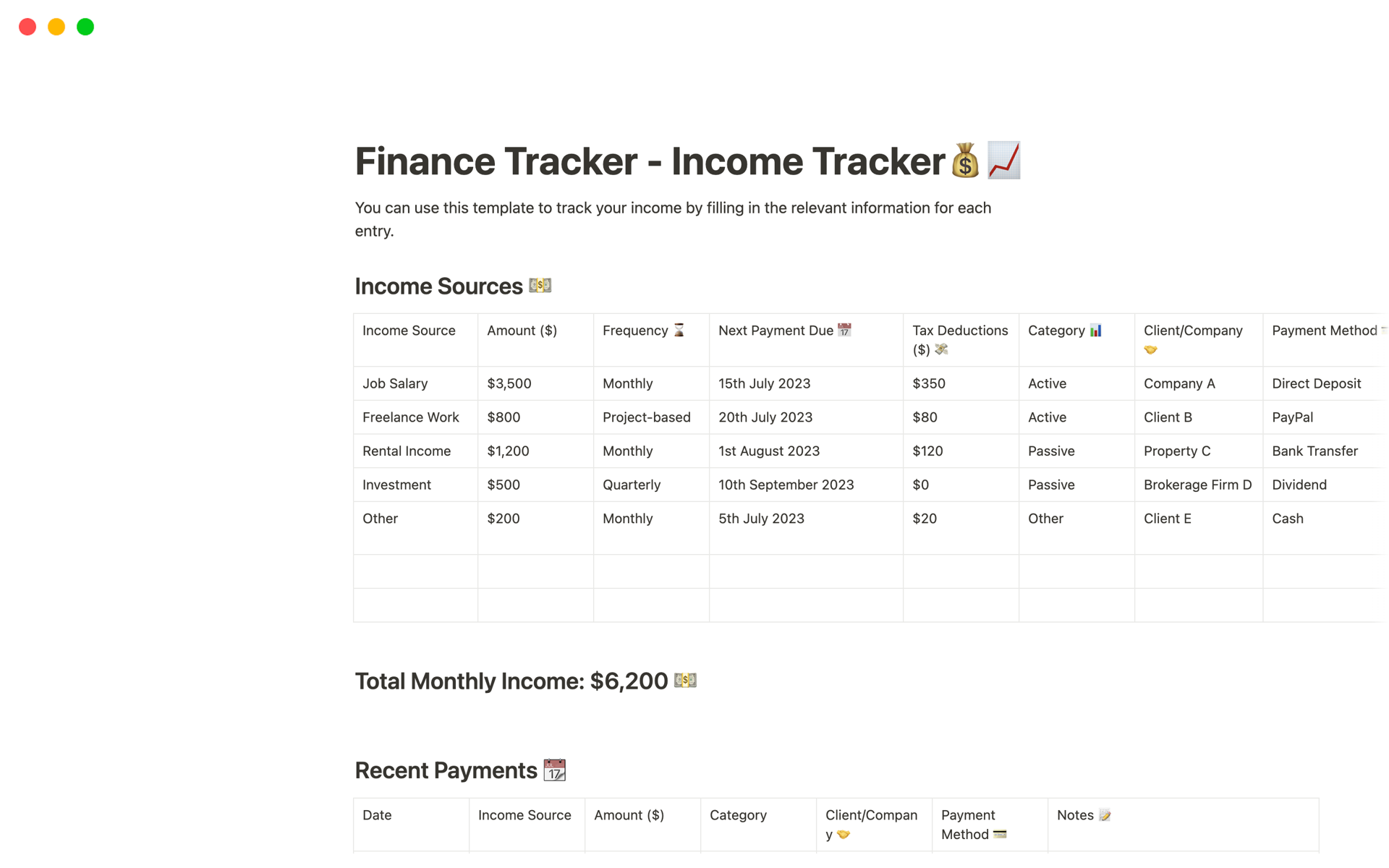 En förhandsgranskning av mallen för Finance Tracker - Income Tracker