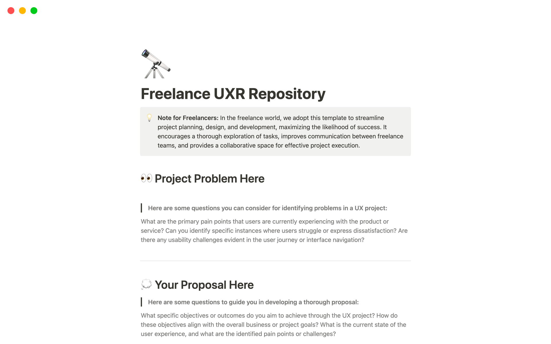 En forhåndsvisning av mal for Freelance UXR Repository