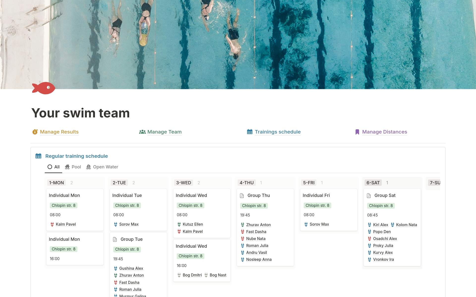 En forhåndsvisning av mal for Your swim team