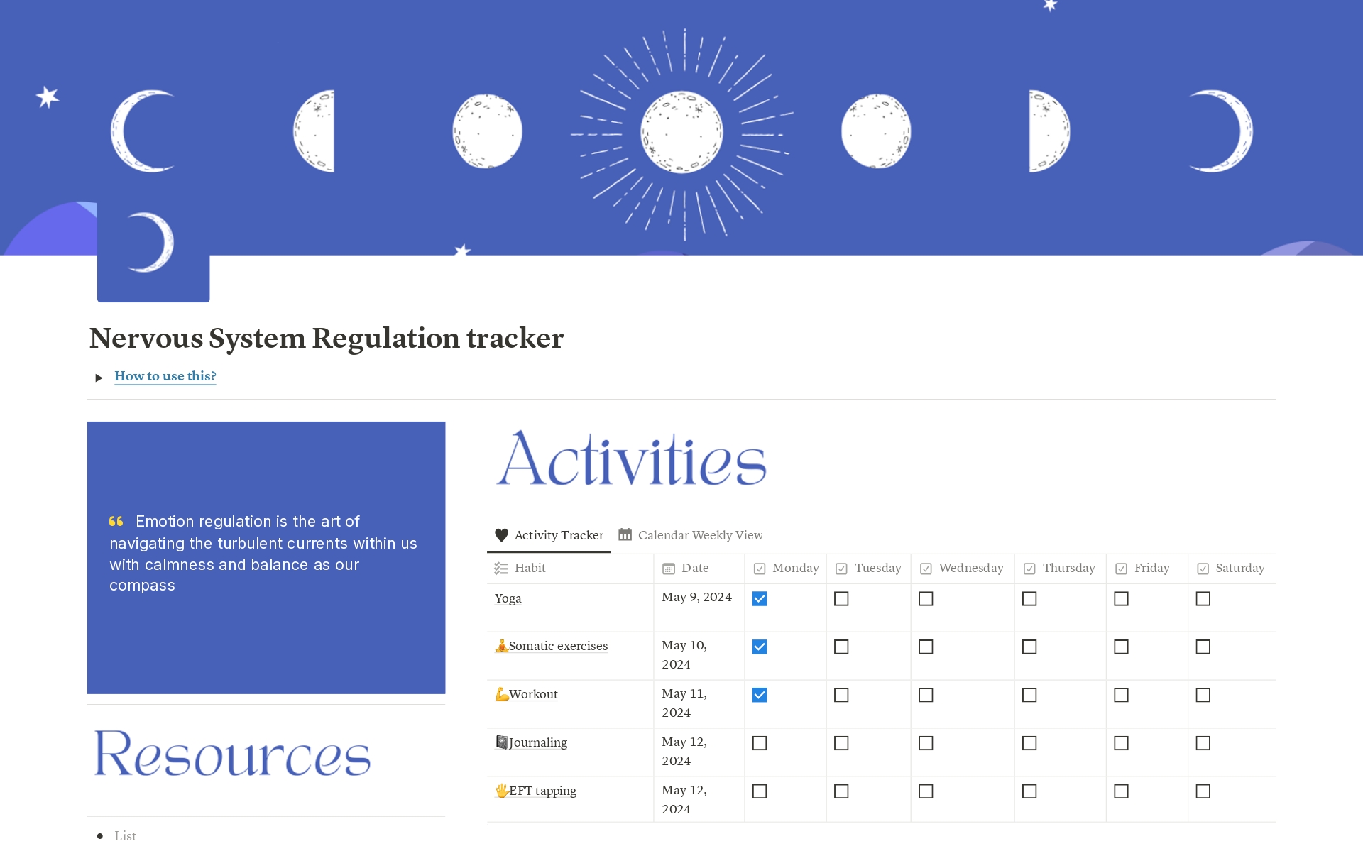 This Notion template is designed to help you manage and optimize your nervous system regulation. Whether you're seeking to reduce stress, improve mood, or enhance overall well-being, this template provides a comprehensive framework for tracking activities, symptoms, habits, 