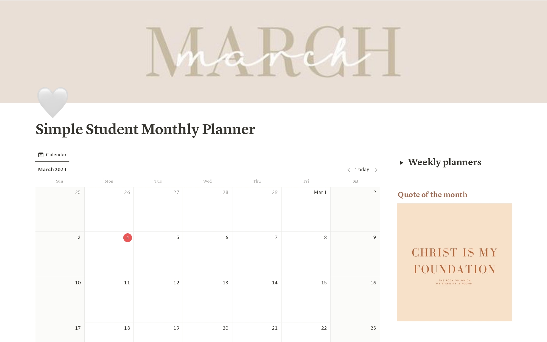 En forhåndsvisning av mal for Simple Student Monthly Planner 