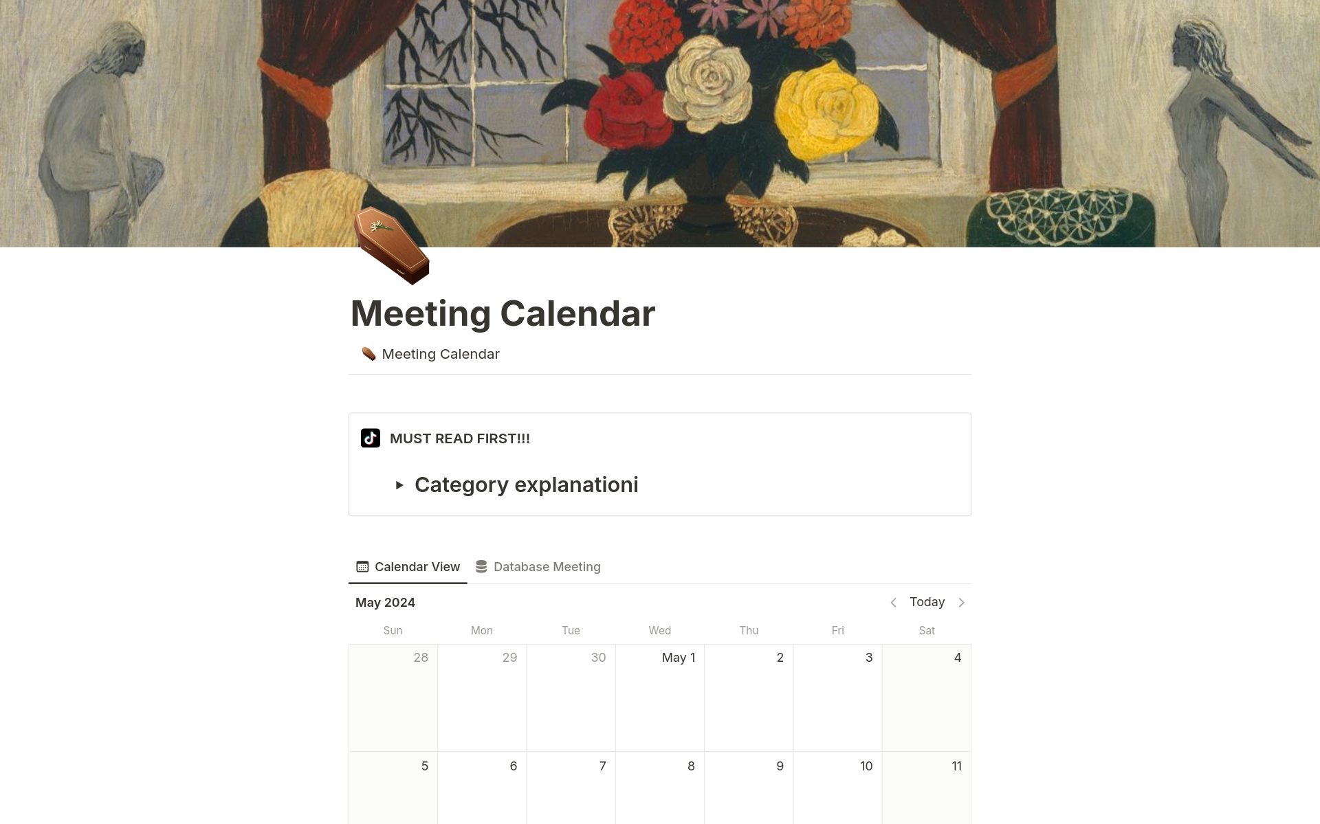 A template preview for Meeting Calendar