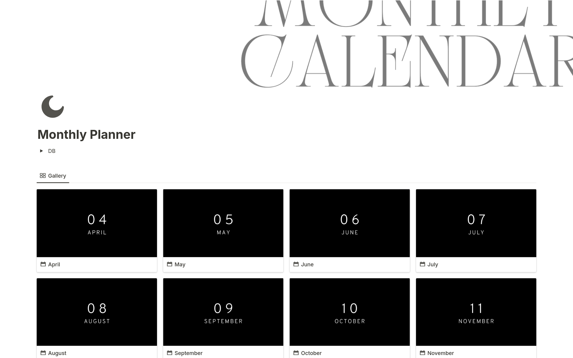En förhandsgranskning av mallen för Monthly Planner (Dark Mode)
