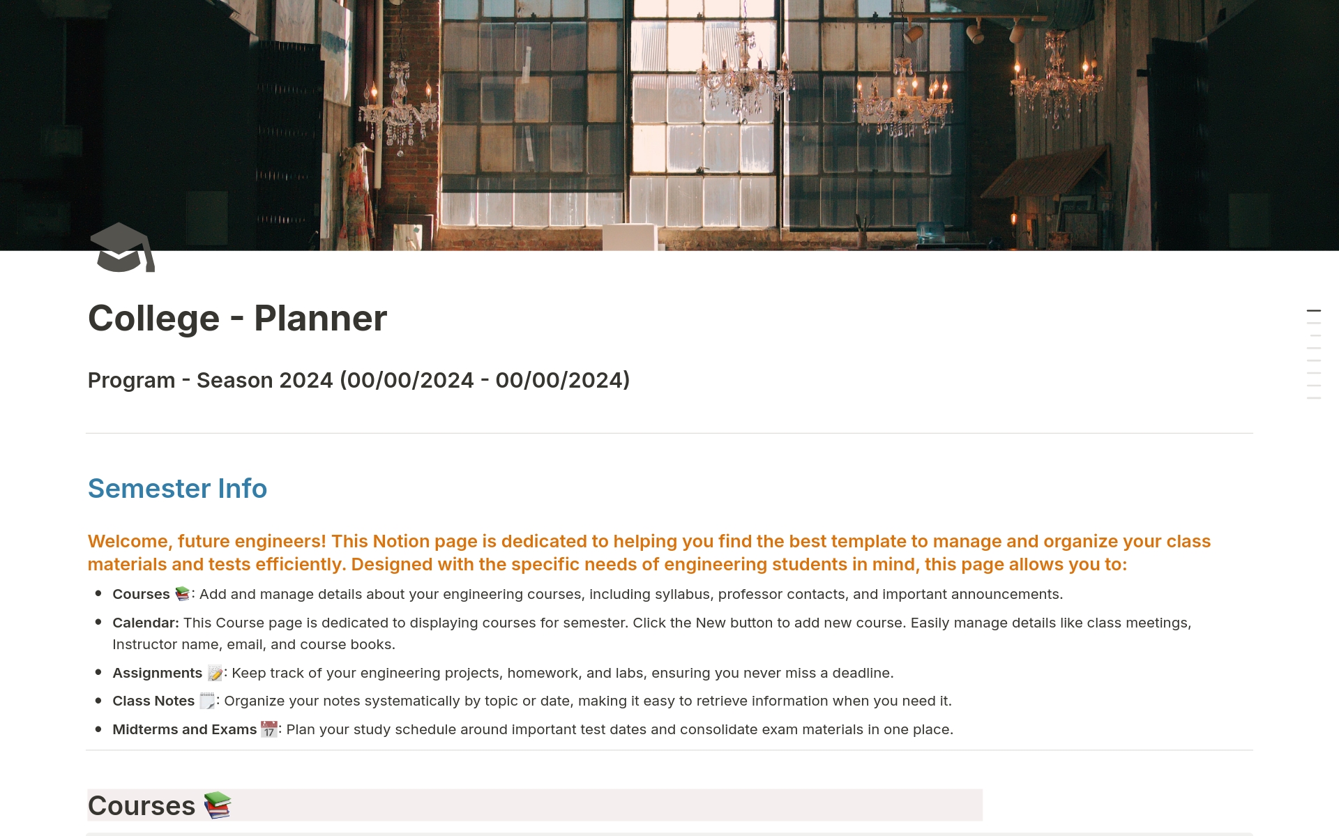 Introducing the ultimate college planner template for Notion! Organize your academic life with sections for courses, class notes, calendar, and assignments. Keep track of your classes, take detailed notes, manage deadlines, and plan your week effortlessly.