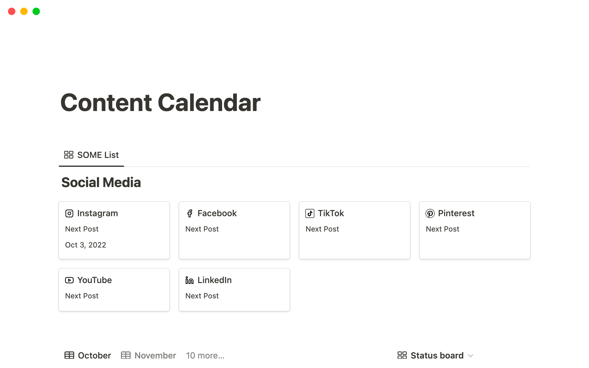 En förhandsgranskning av mallen för Notion Content Calendar