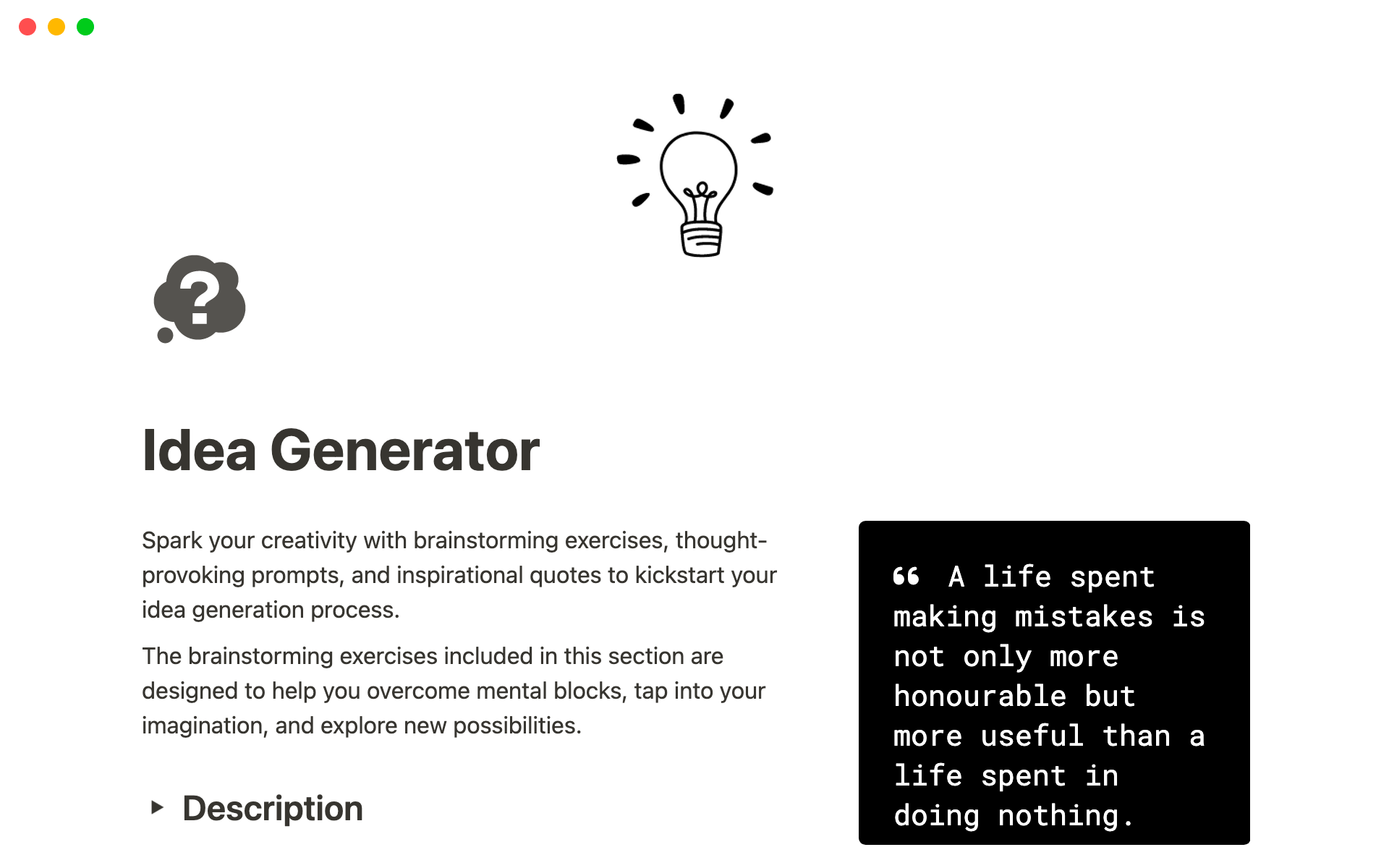 En förhandsgranskning av mallen för Idea Generator