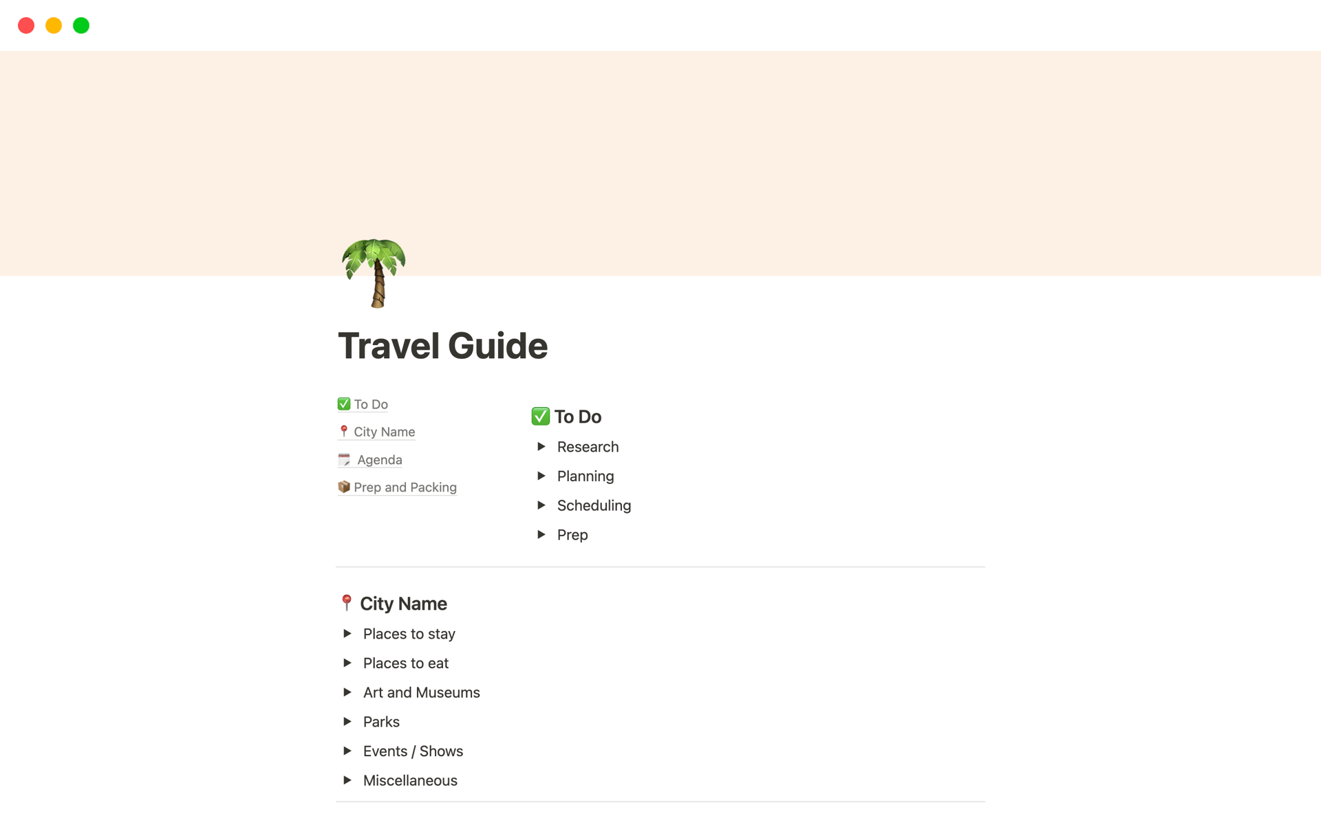 En förhandsgranskning av mallen för Travel Guide