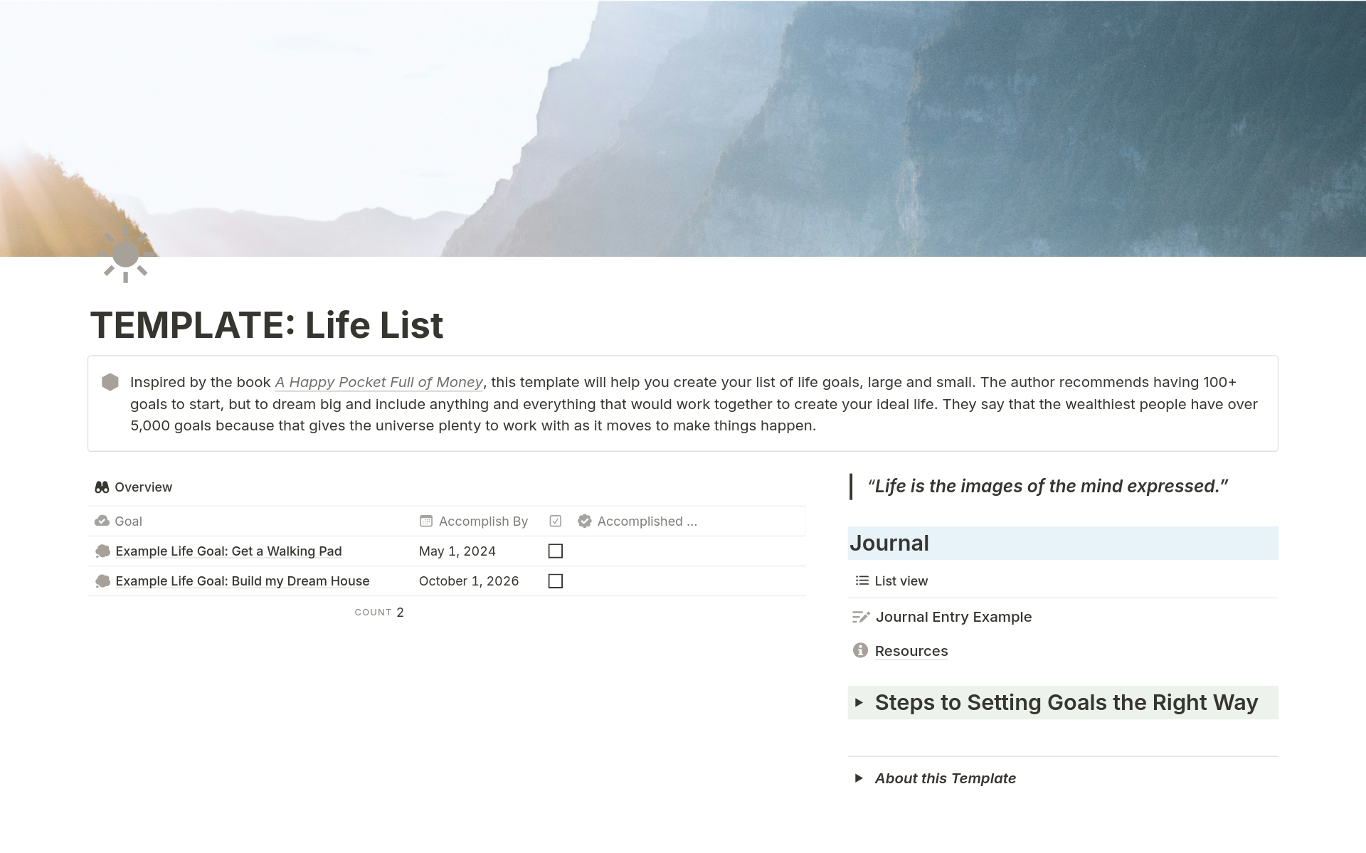A template preview for Life List