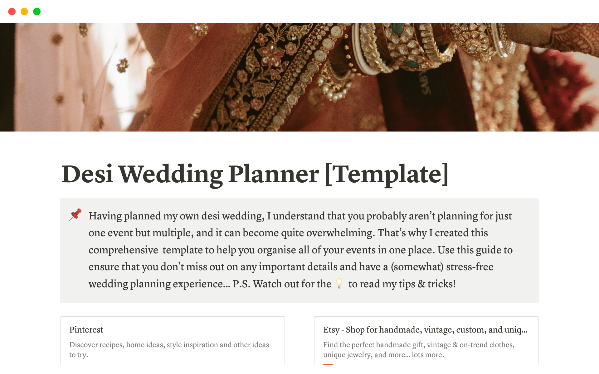 En förhandsgranskning av mallen för Desi Wedding Planner