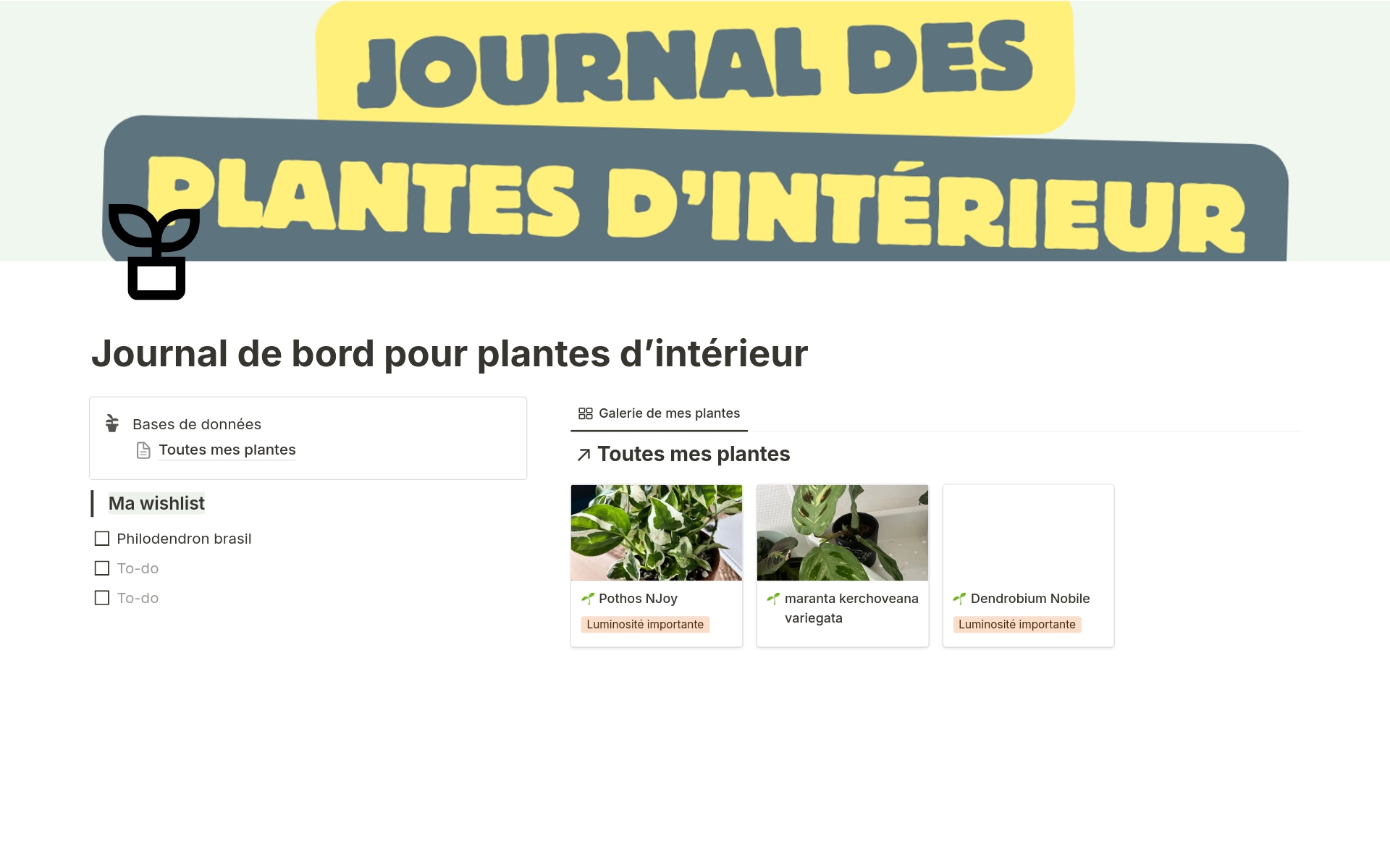 En förhandsgranskning av mallen för Journal de bord pour plantes d'intérieur