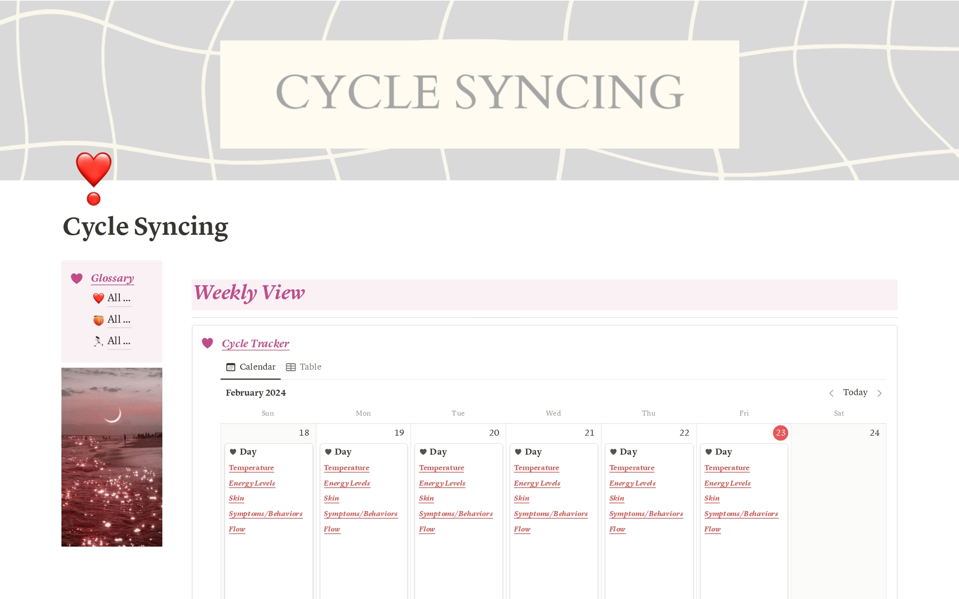 En förhandsgranskning av mallen för Cycle Syncing Tracker