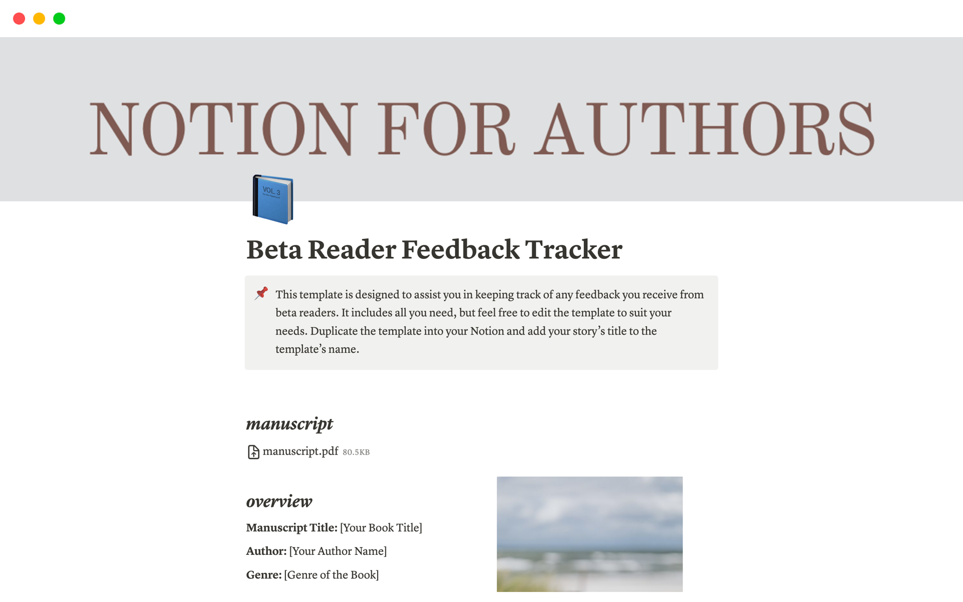 En forhåndsvisning av mal for Beta Reader Feedback Tracker