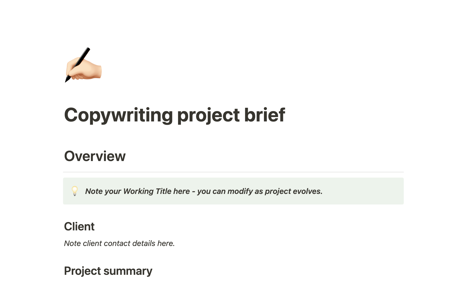 Aperçu du modèle de Copywriting project brief