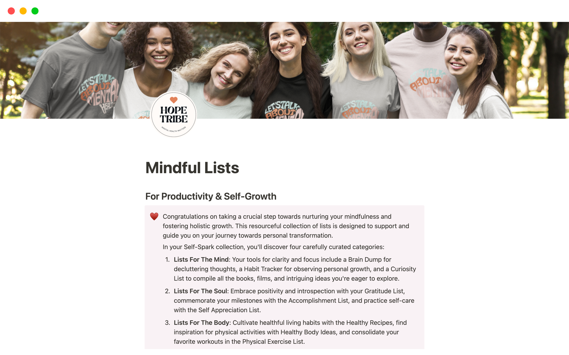Mindful Listsのテンプレートのプレビュー