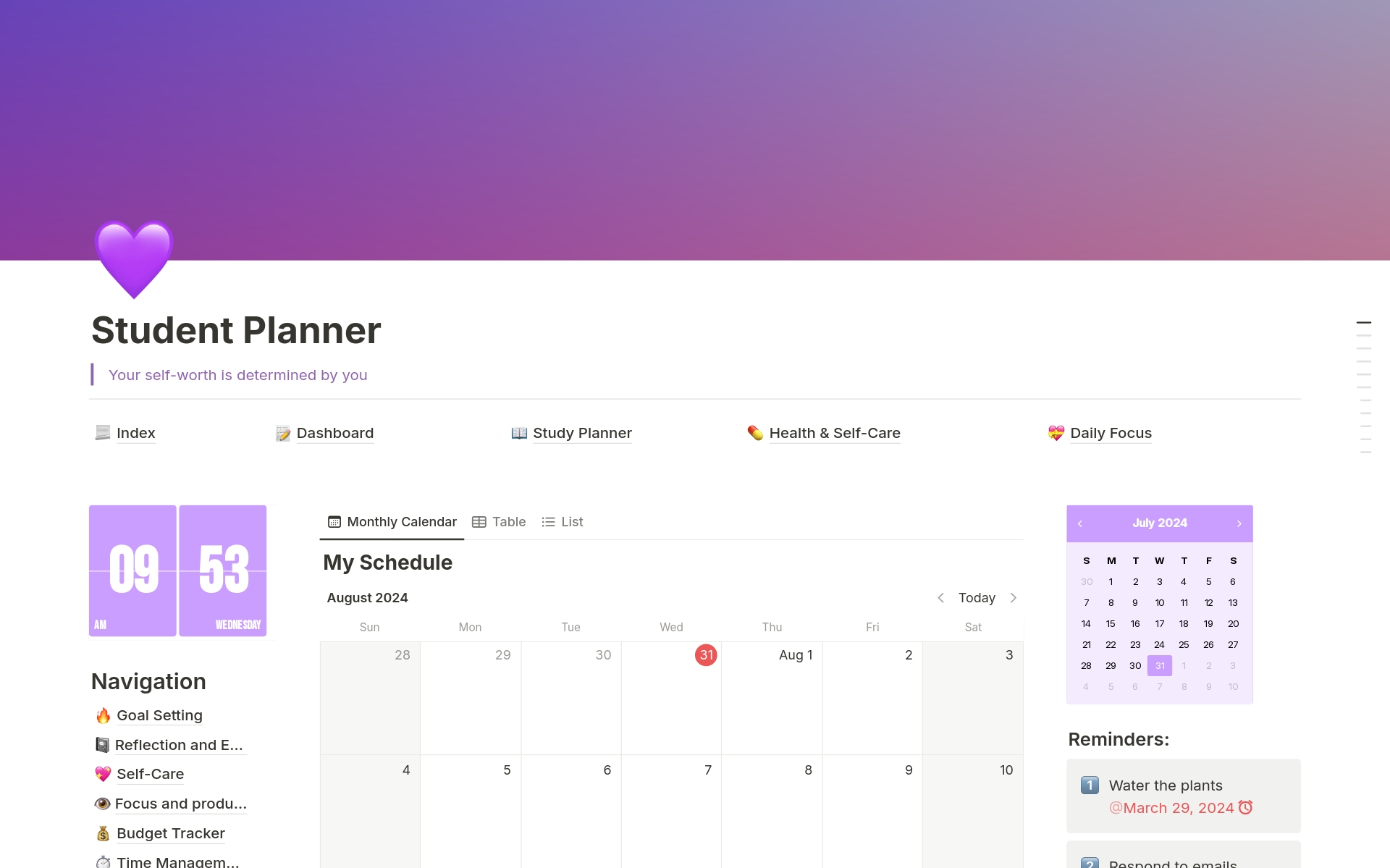 A template preview for Student Academic Planner, School Planner