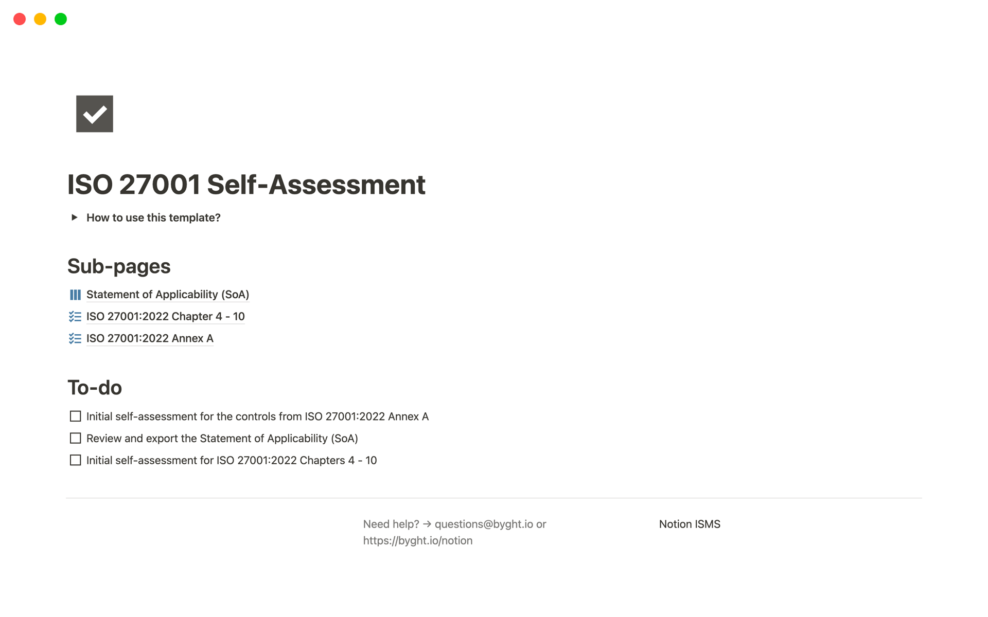 Vista previa de una plantilla para ISO 27001 Self-Assessment