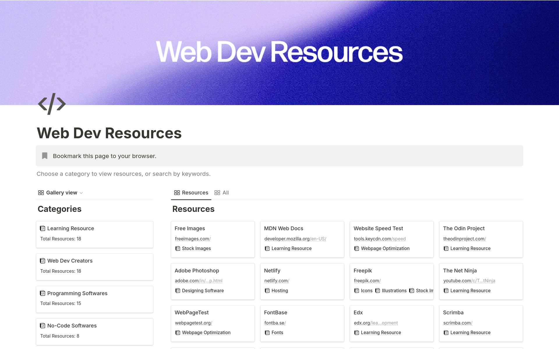 En förhandsgranskning av mallen för Web development resources