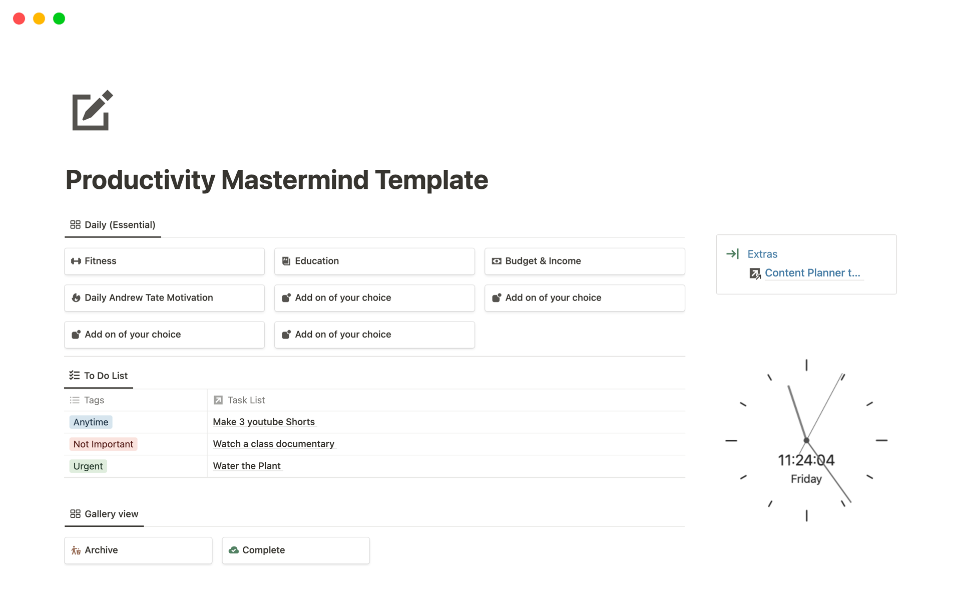A template preview for Productivity Mastermind