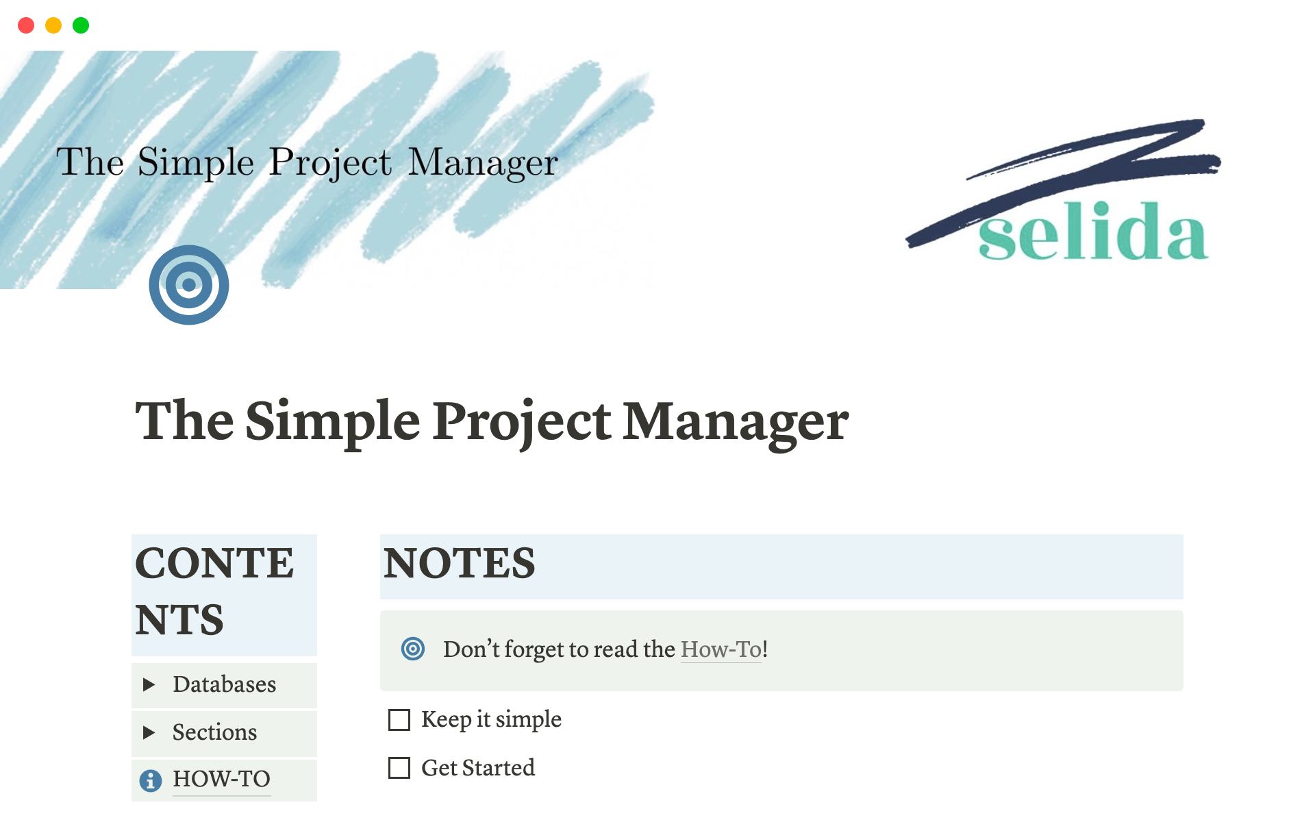 En förhandsgranskning av mallen för The Simple Project Manager
