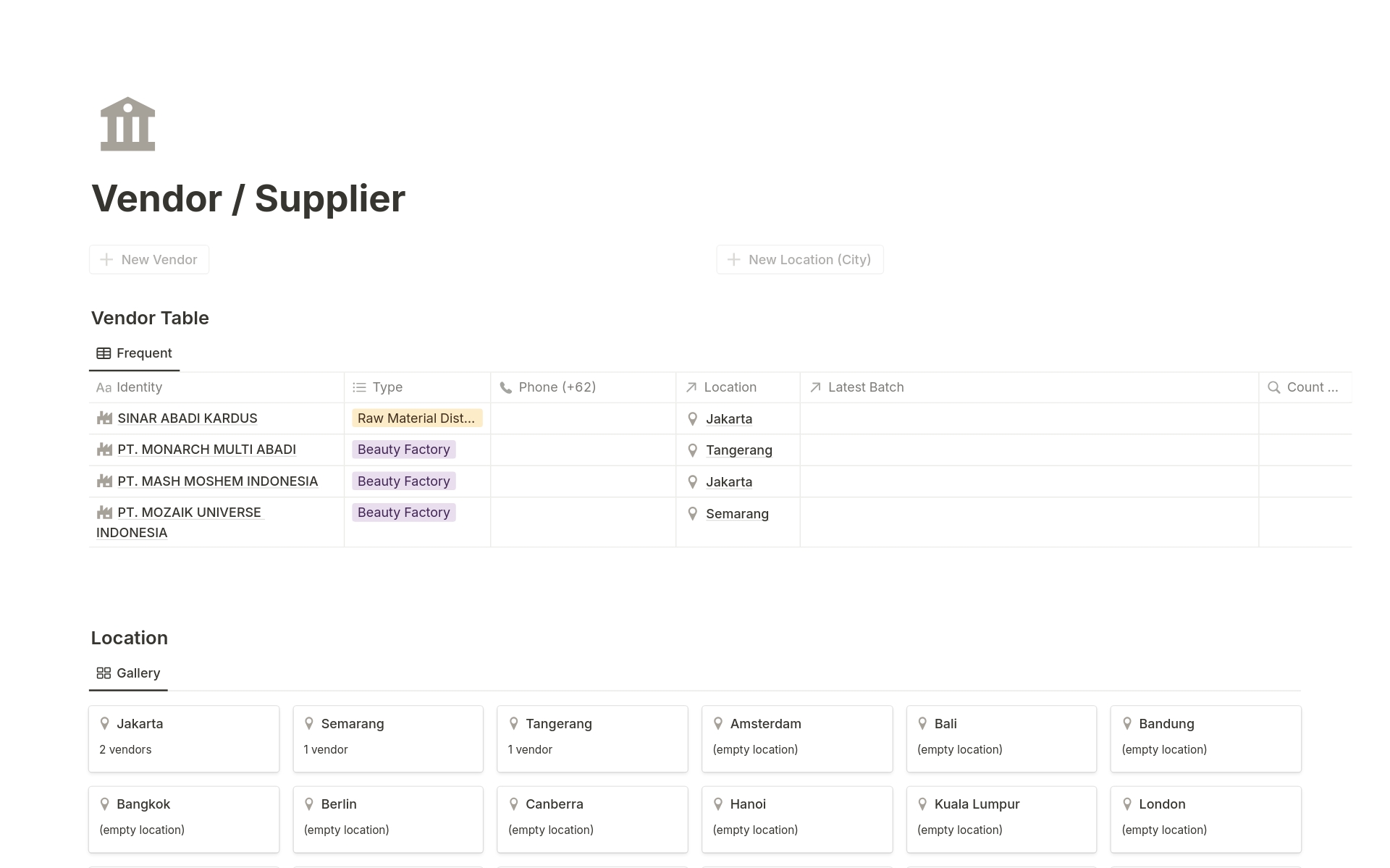 Streamline your supply chain management with our Notion template. Efficiently archive supplier and vendor data, including names, types, contact numbers, and locations. Centralize your business transactions and enhance supply chain visibility for smoother operations.