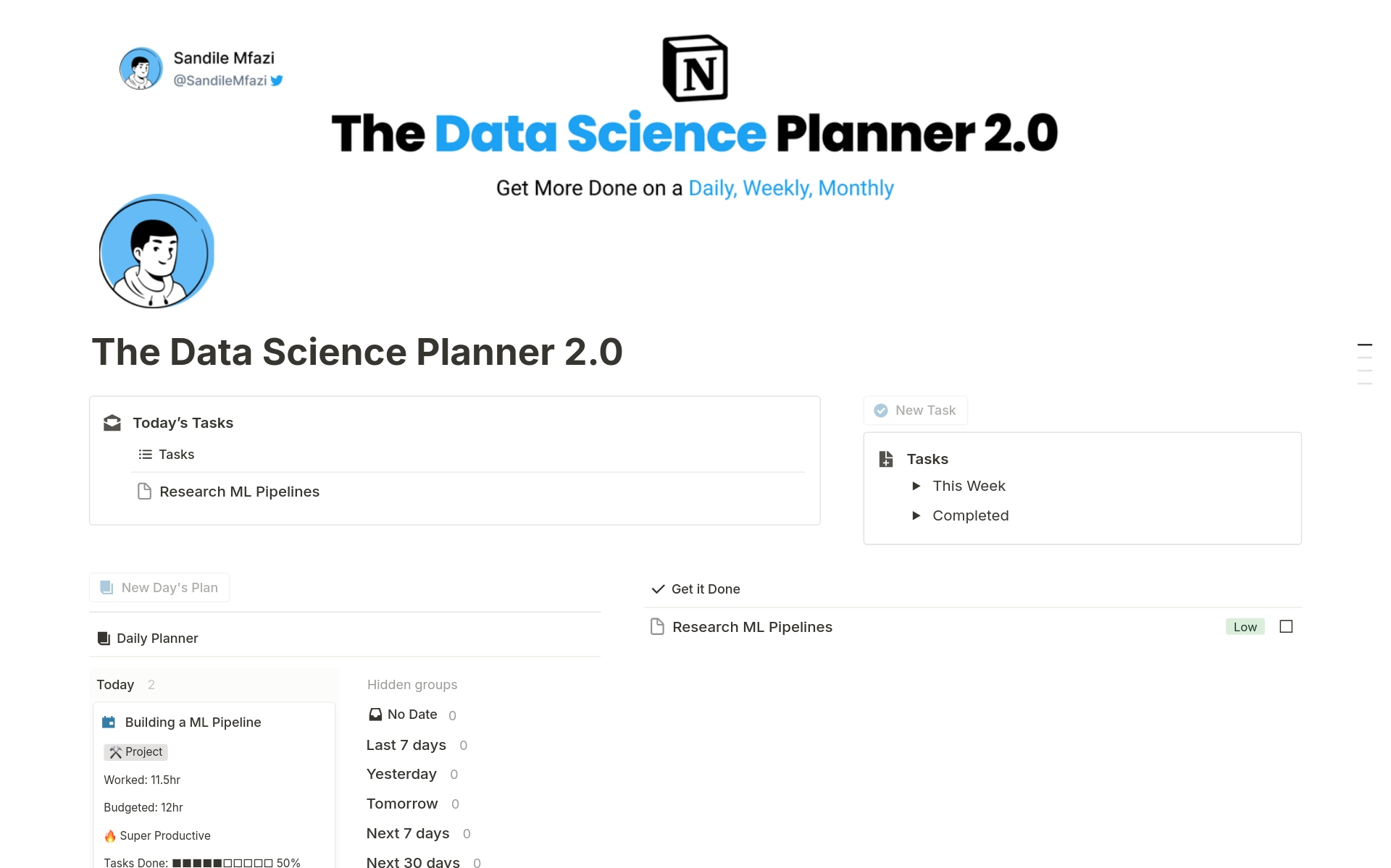 This template is a data science planner that helps you organize your learning and project goals.
