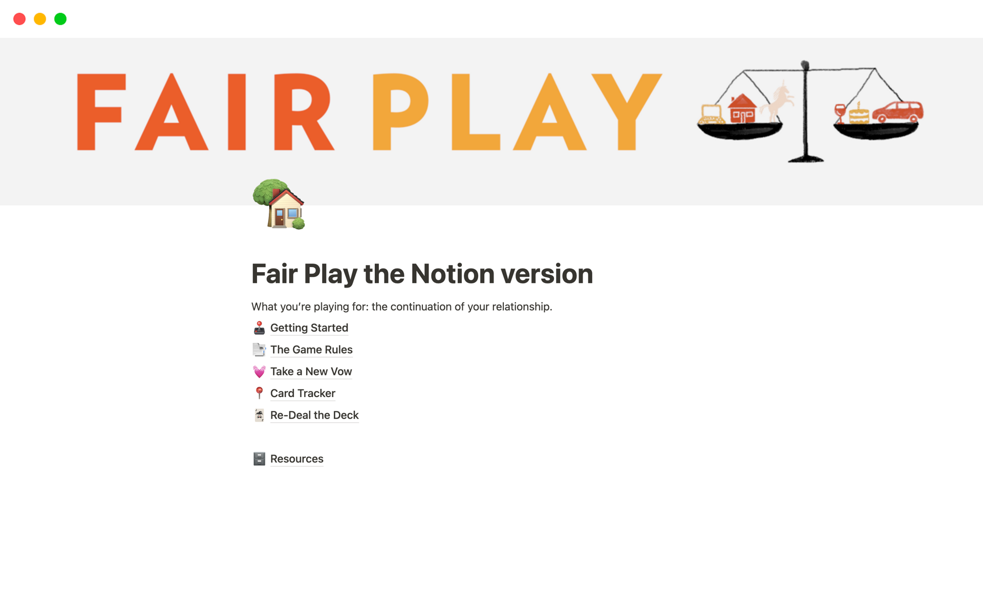 En förhandsgranskning av mallen för Fair Play the Notion version