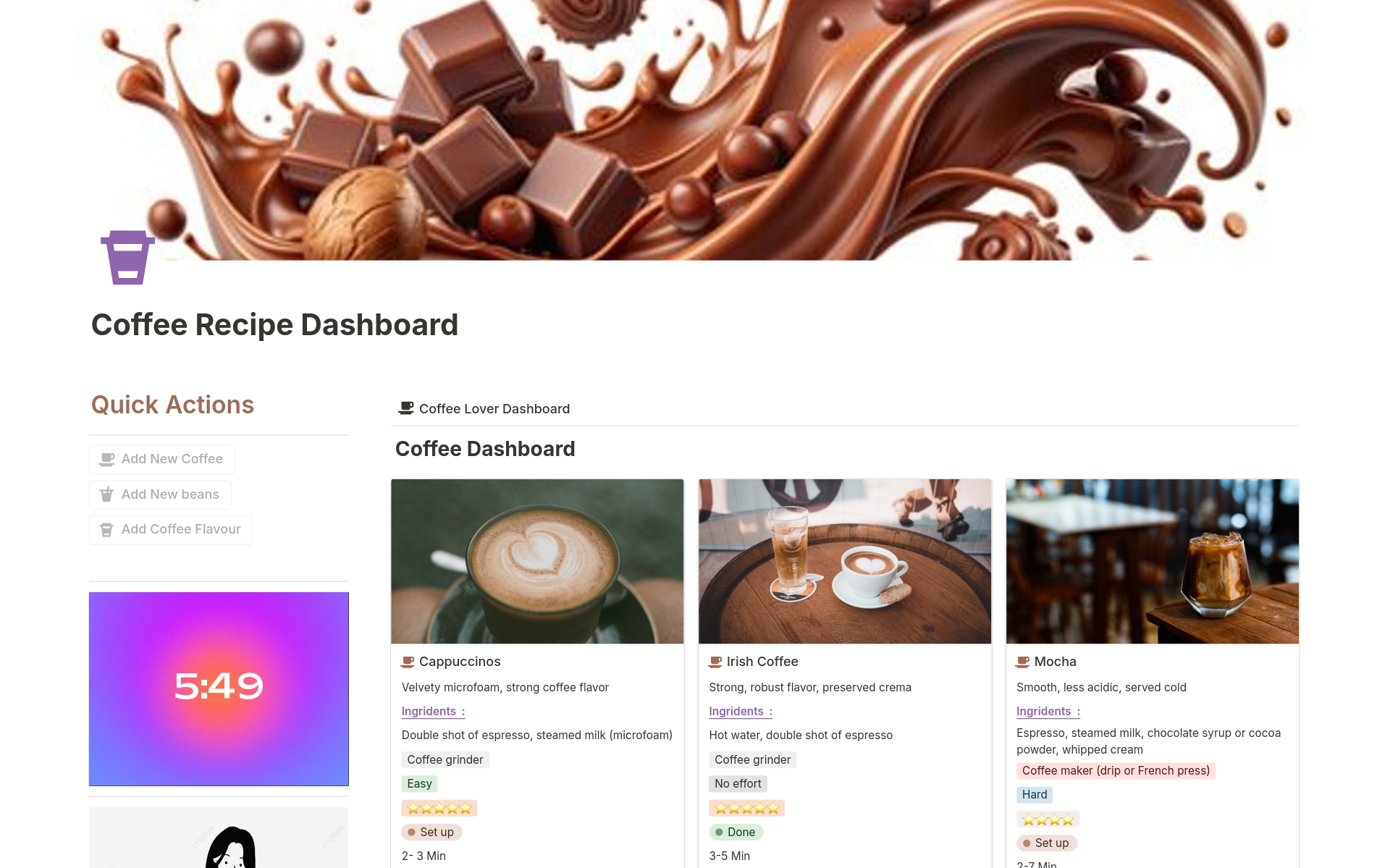 A template preview for Coffee Recipe Dashboard 
