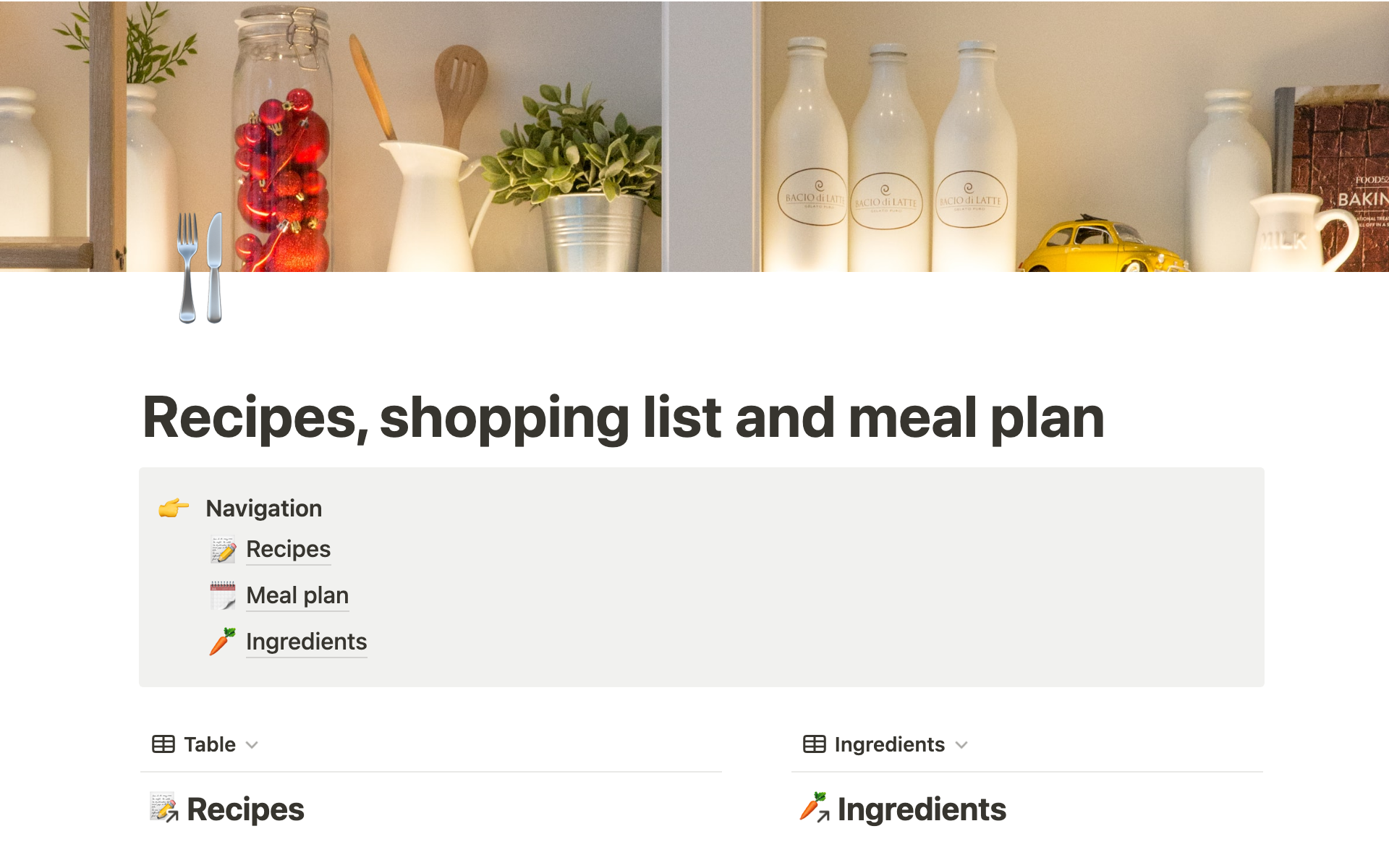 En forhåndsvisning av mal for Recipes, shopping list and meal plan