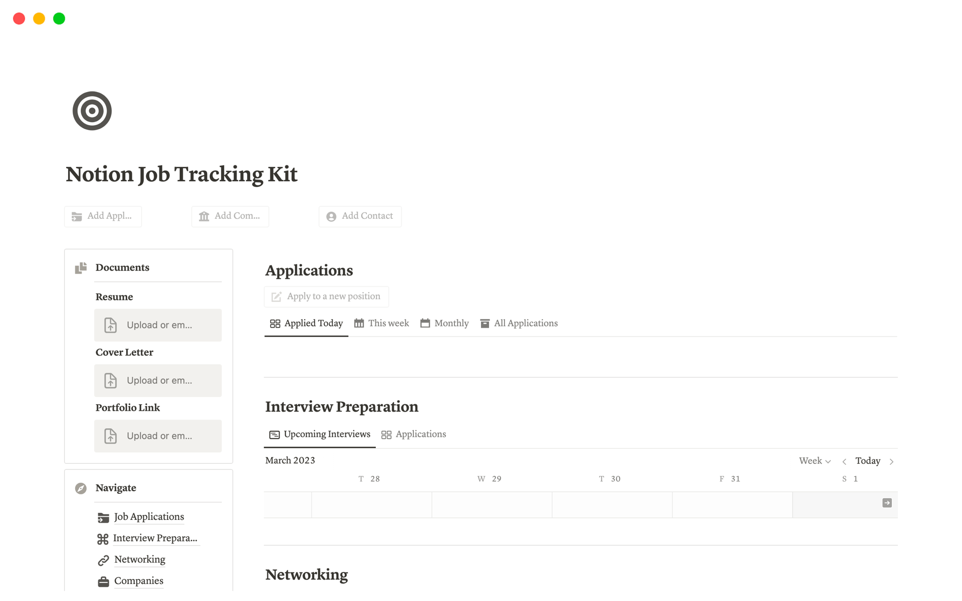 A comprehensive Notion job search template to help you organize applications, track networking contacts, set career goals, and land your next opportunity.

