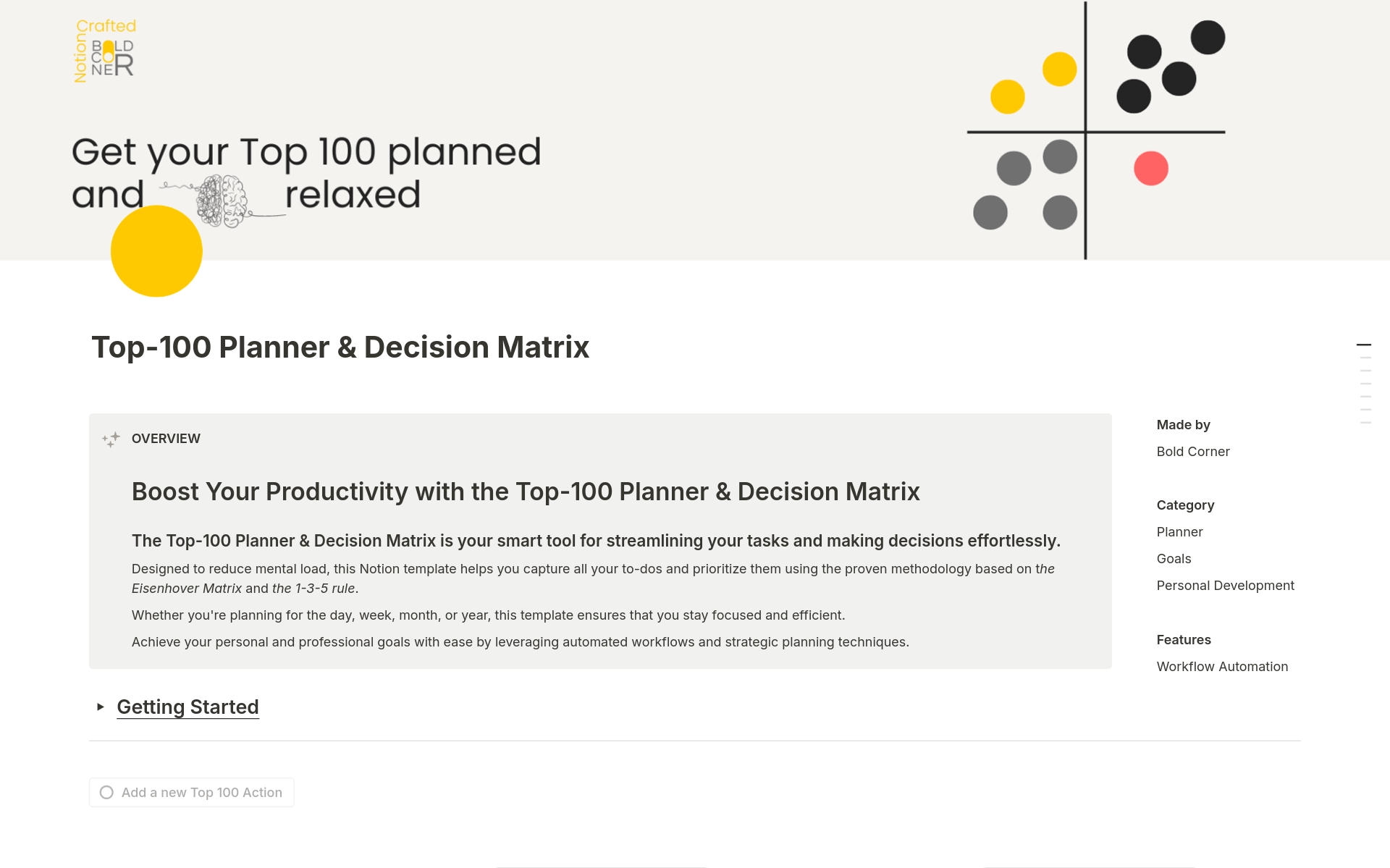 En forhåndsvisning av mal for Top 100 Action Planner and Decision Matrix