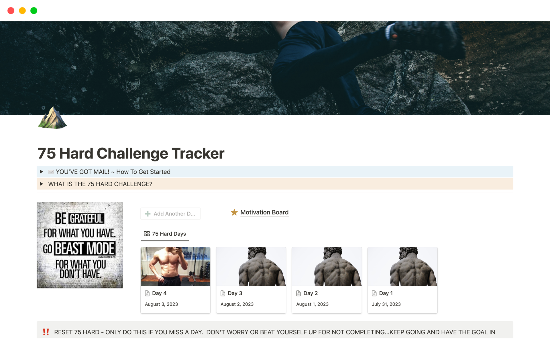 En forhåndsvisning av mal for 75 Hard Challenge Tracker