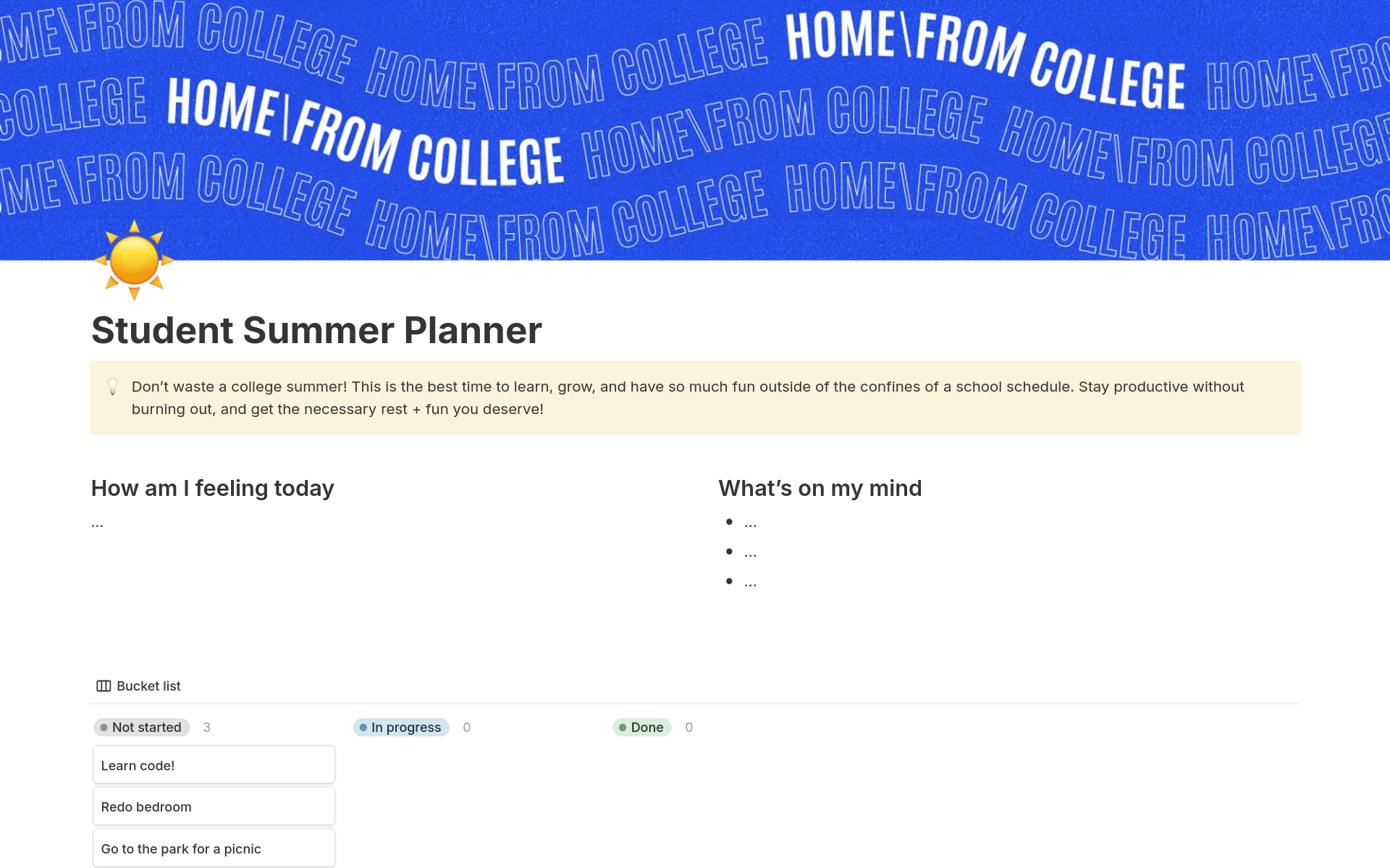 En förhandsgranskning av mallen för Student Summer Planner