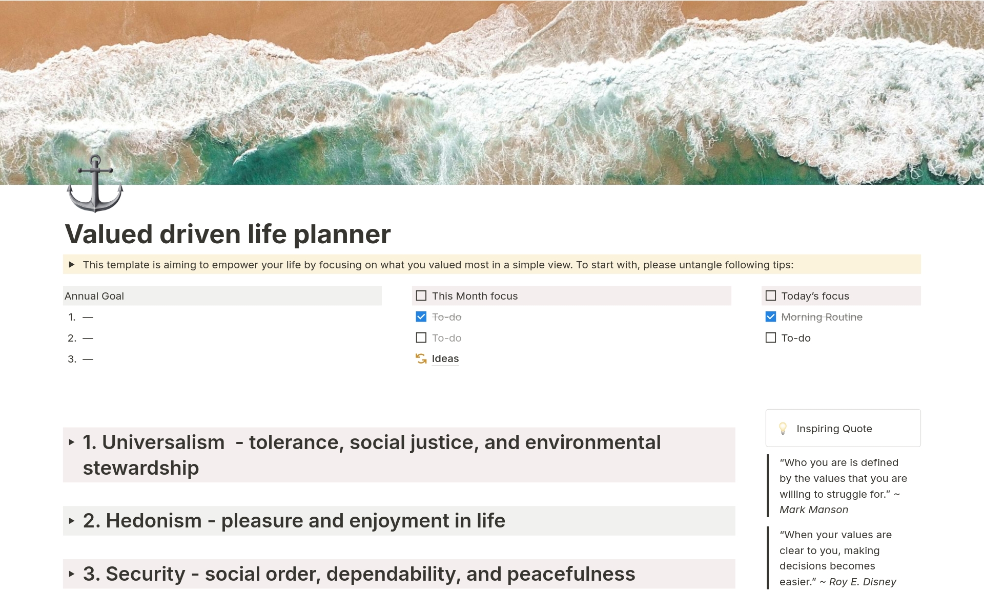 A template preview for Value driven life planner
