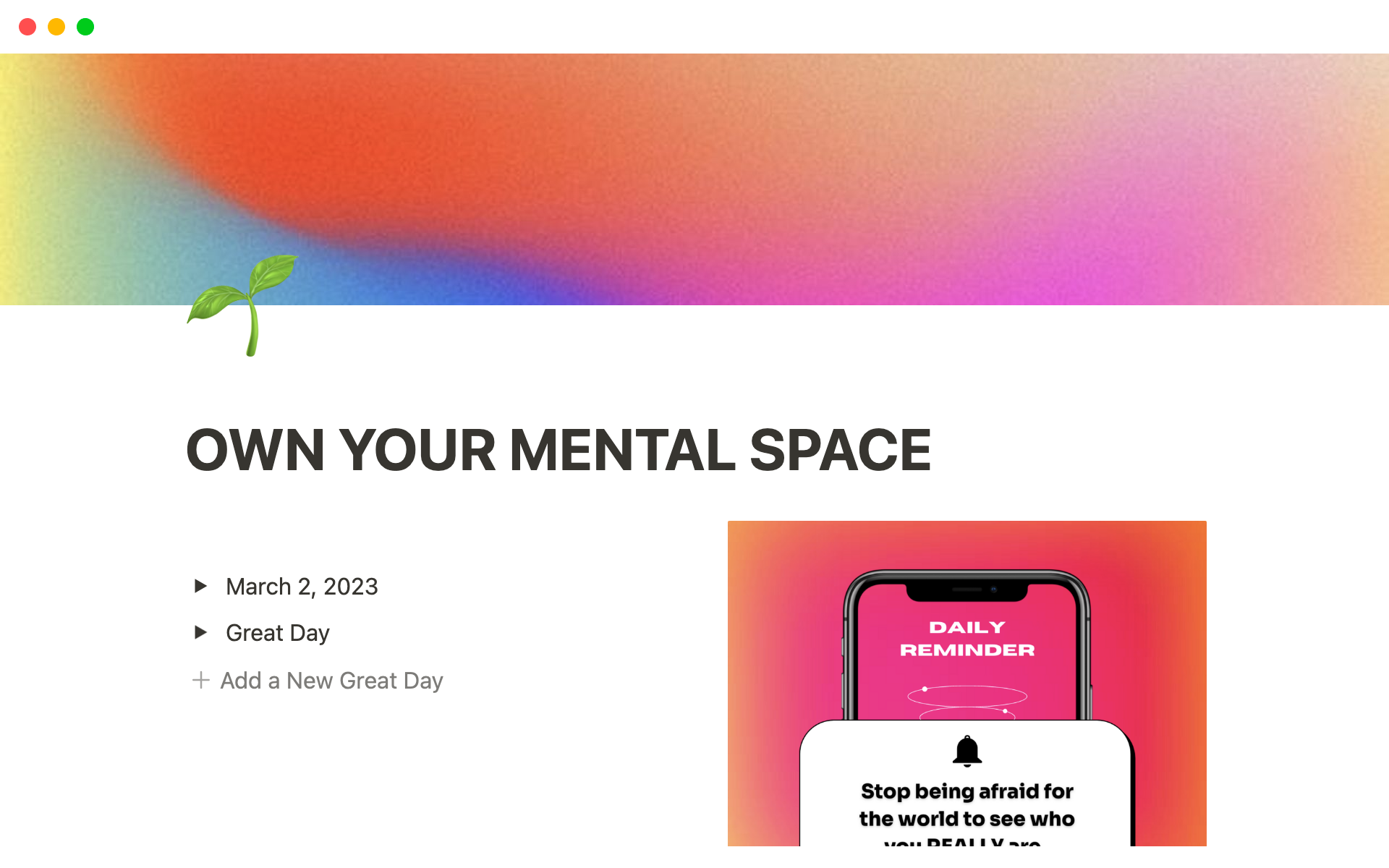 Eine Vorlagenvorschau für Own Your Mental Space