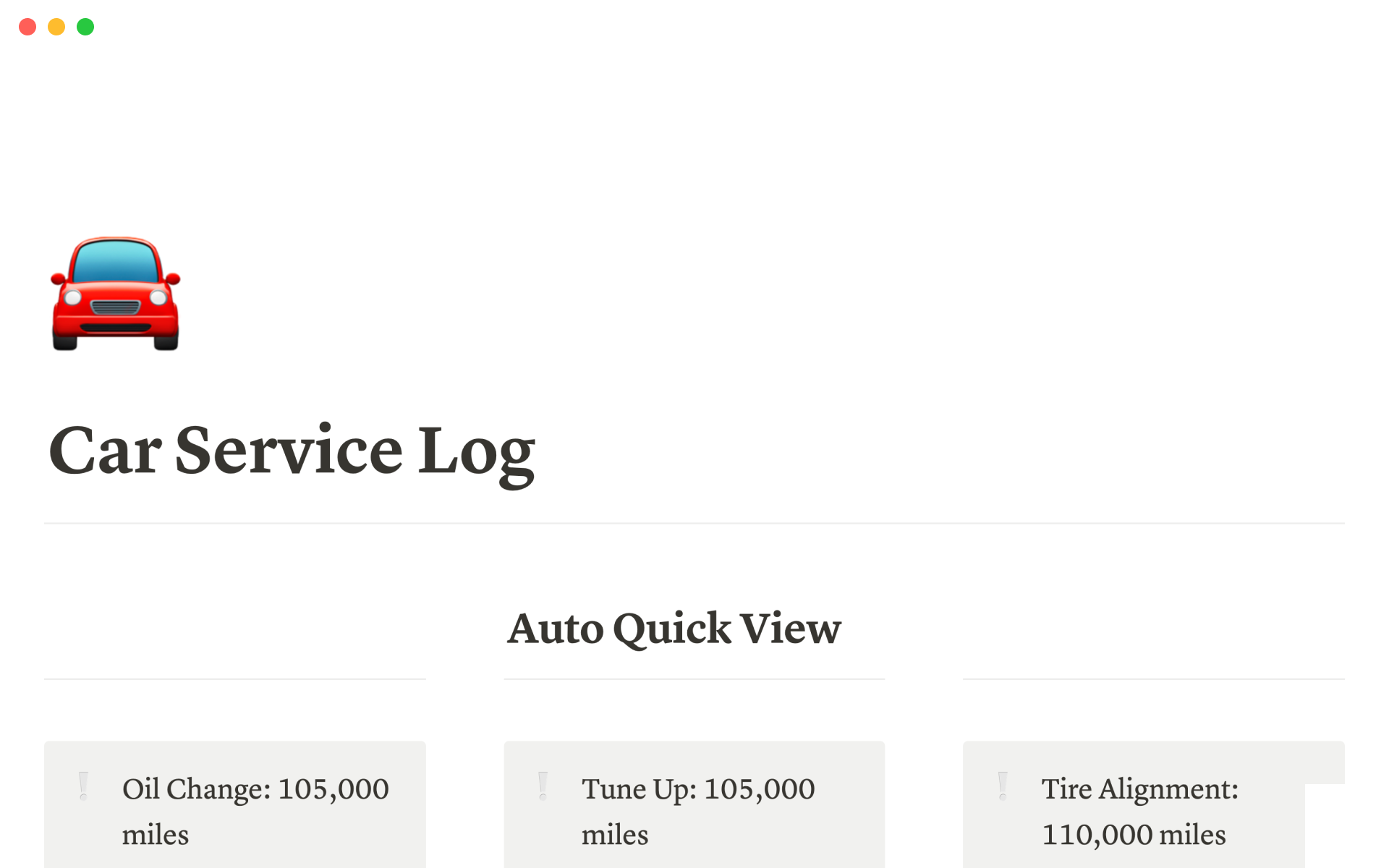 Uma prévia do modelo para Car service log