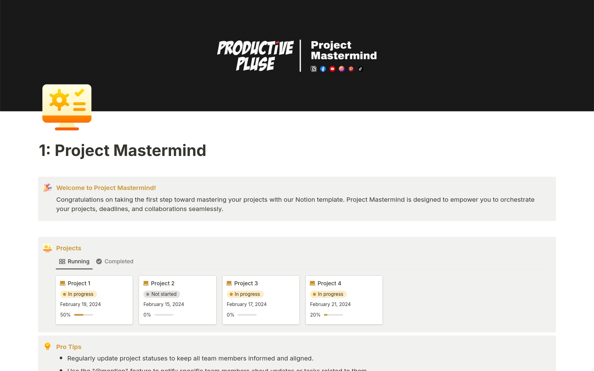 Project Mastermind is a versatile template that enables you to effortlessly create countless projects and store project details for a lifetime. Experience seamless customization with project status, automatic progress bars, timelines, project information etc.