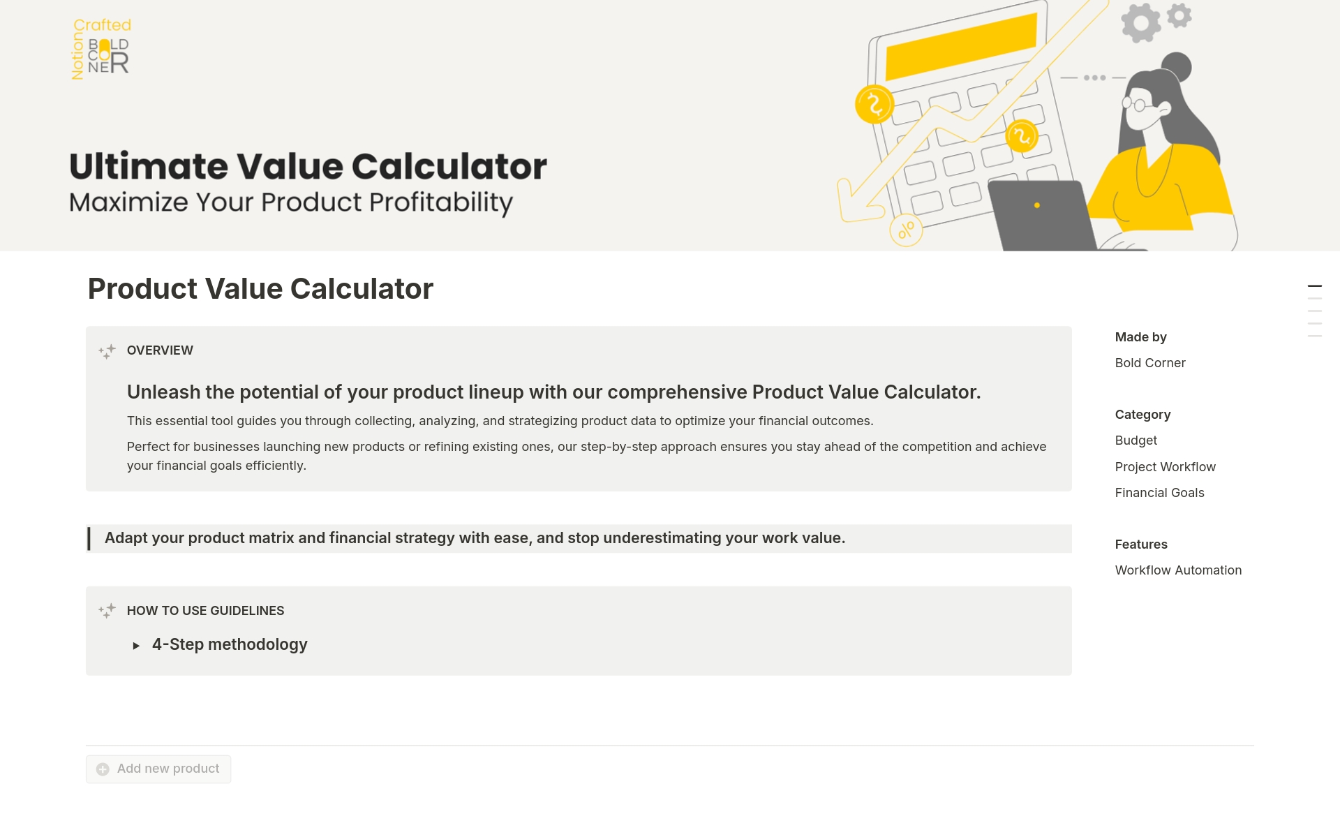 Uma prévia do modelo para Product Value Calculator