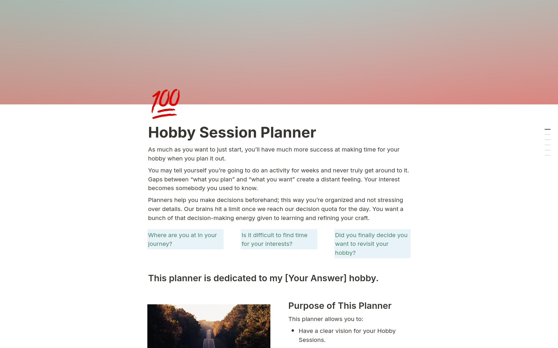 En förhandsgranskning av mallen för Hobby Planner