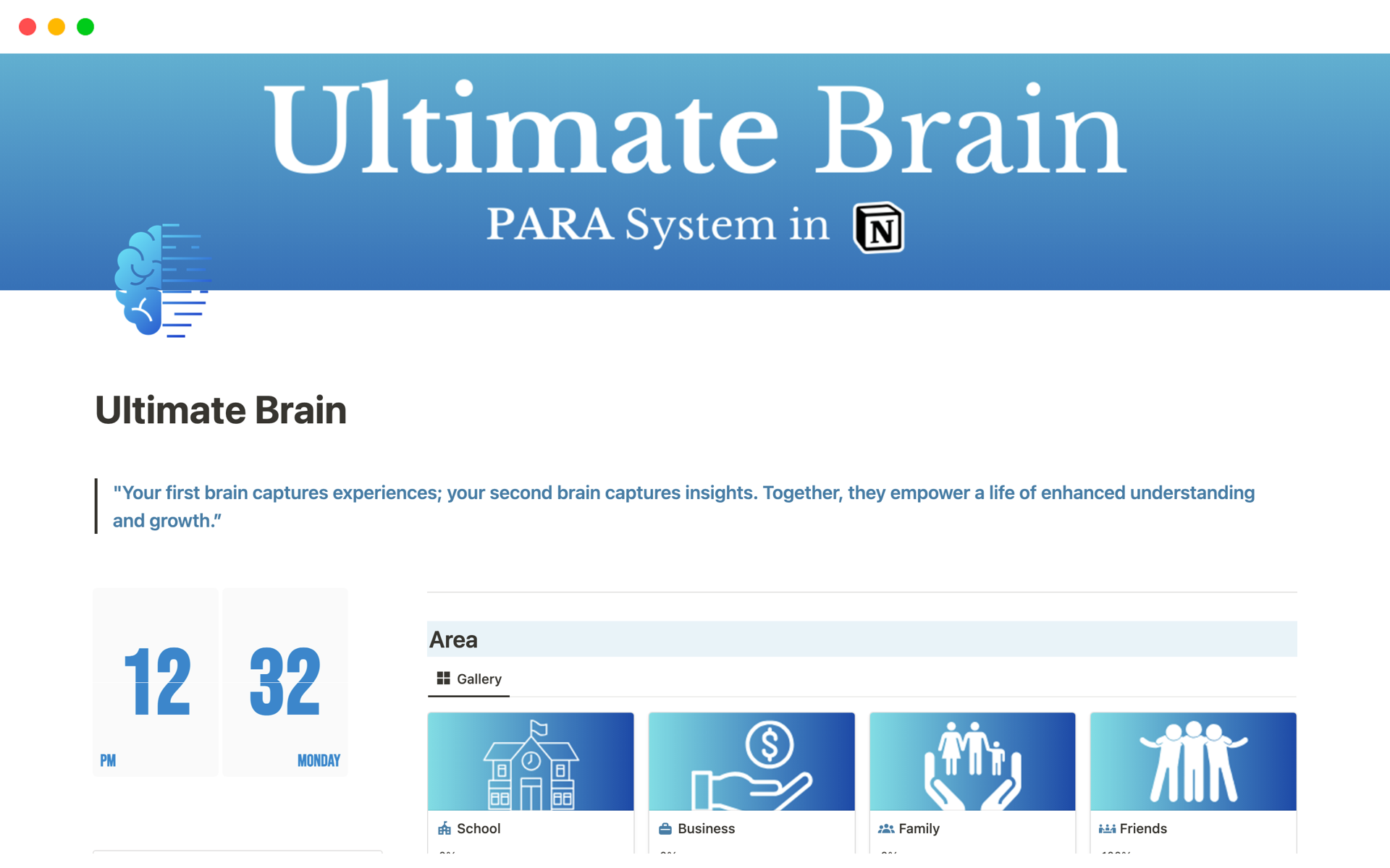 PARA (SECOND BRAIN) Notion Template

Organize Your Life with the Power of PARA & The Principles of a Second Brain!

