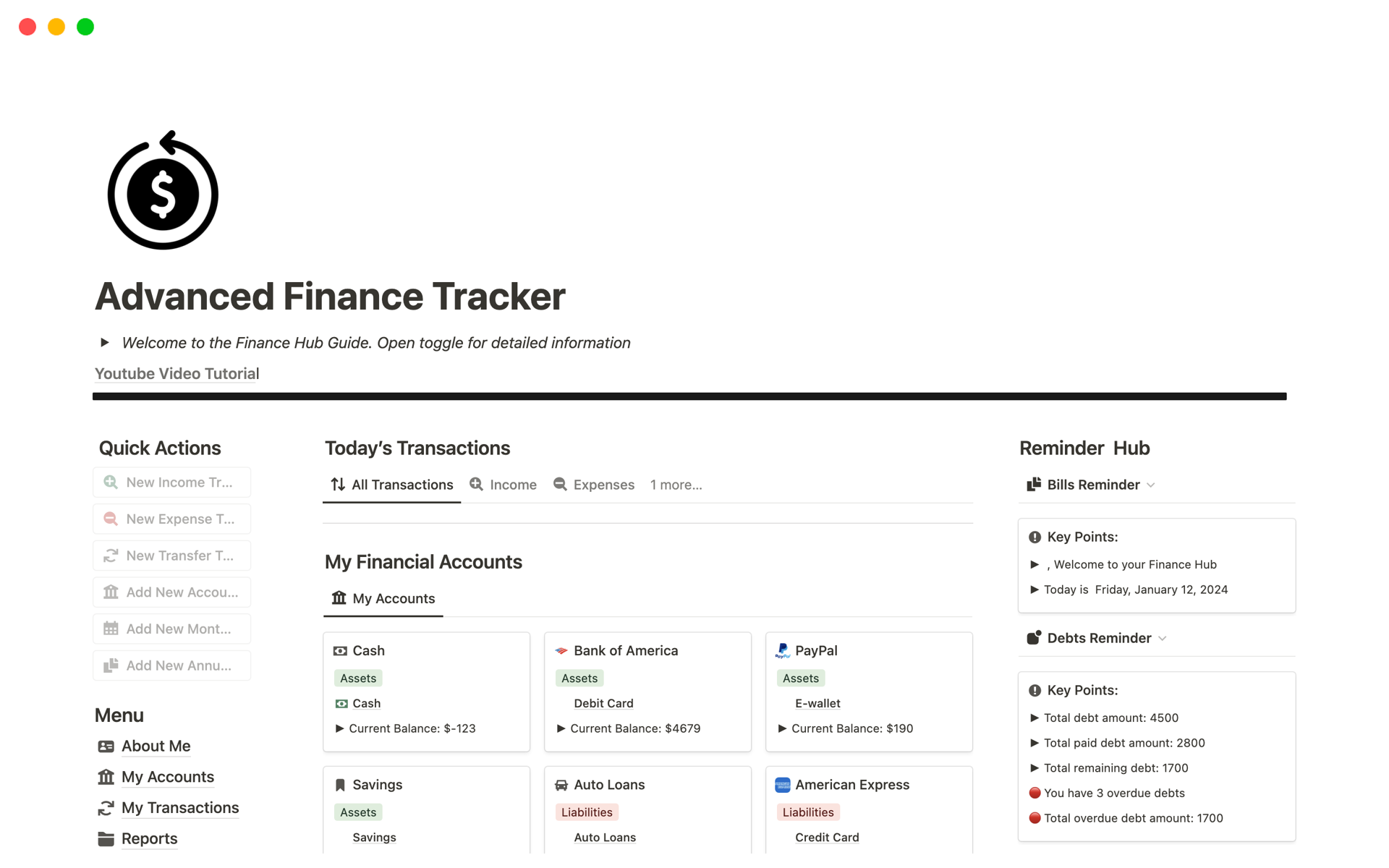 Vista previa de plantilla para Advanced Finance Tracker