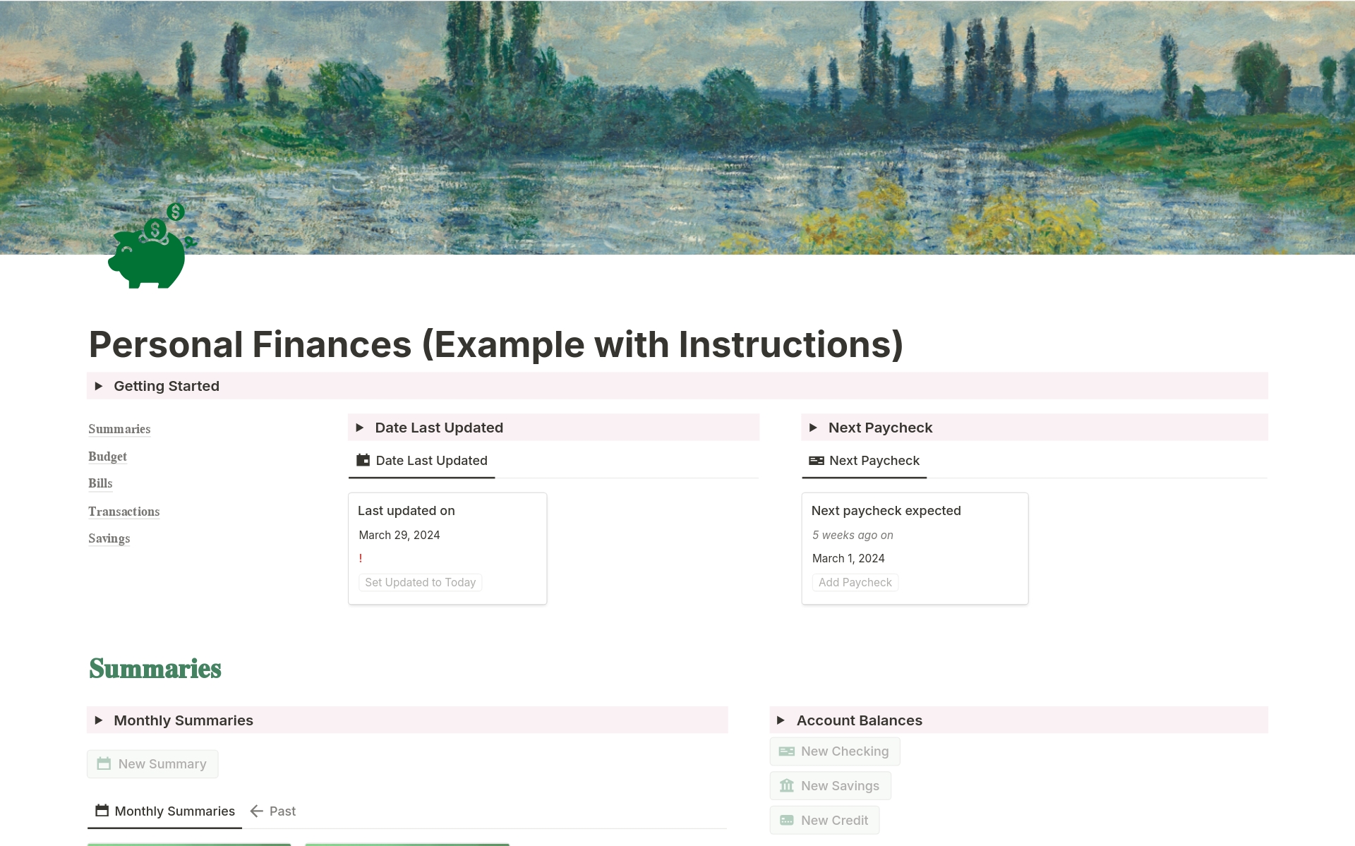 A template preview for Personal Finances