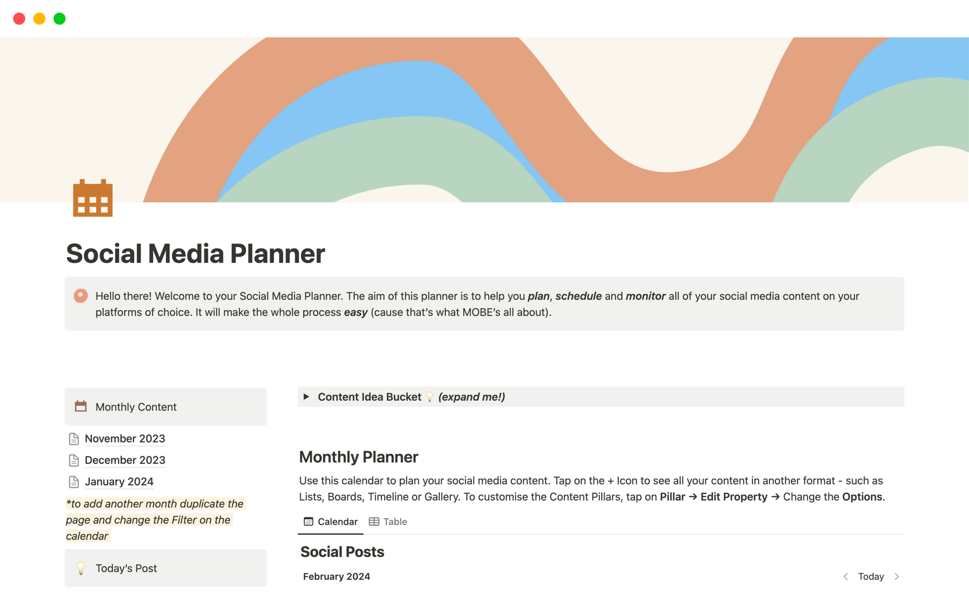 Vista previa de plantilla para Social Media Planner