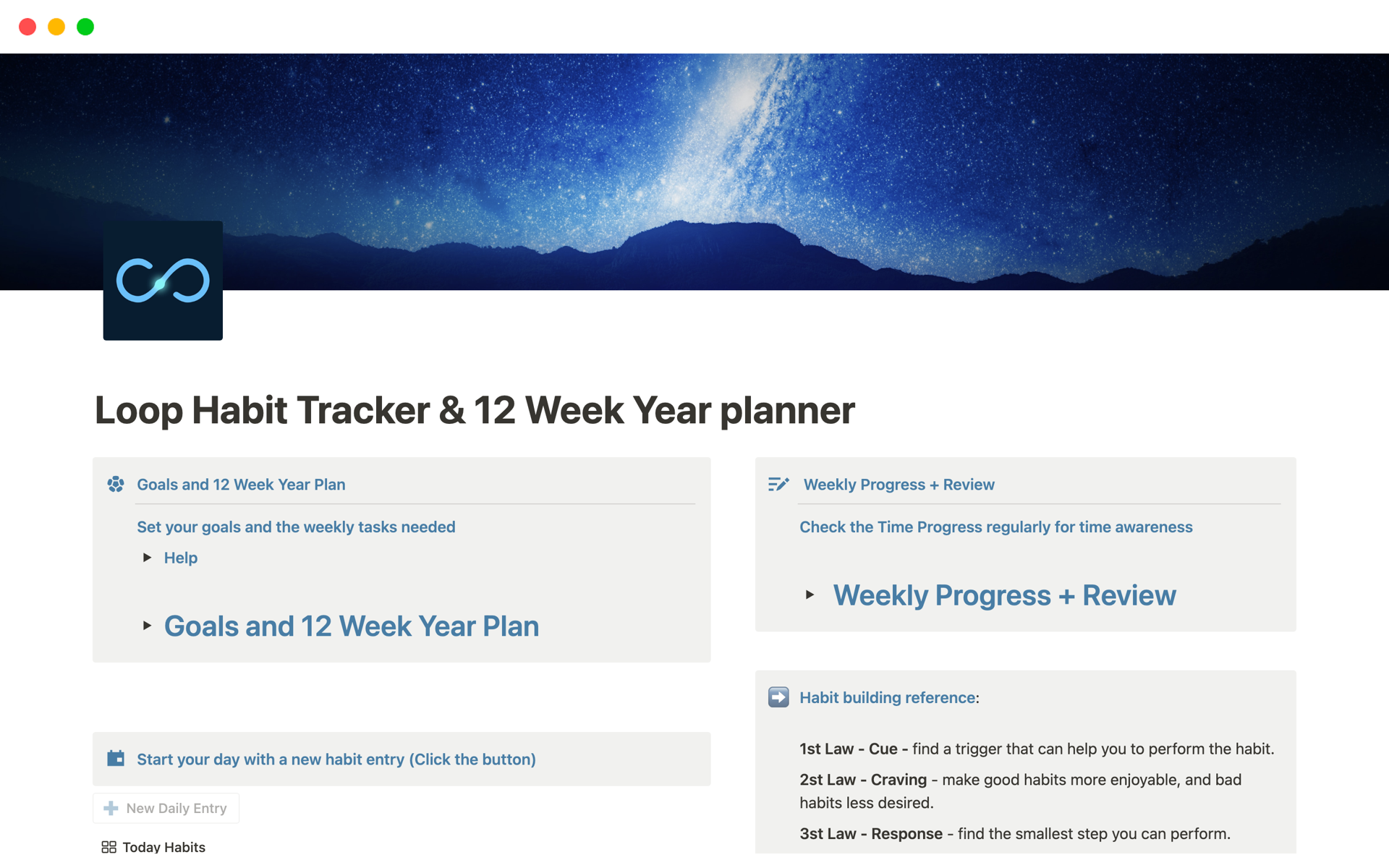 En forhåndsvisning av mal for Loop Habit Tracker & 12 Week Year planner