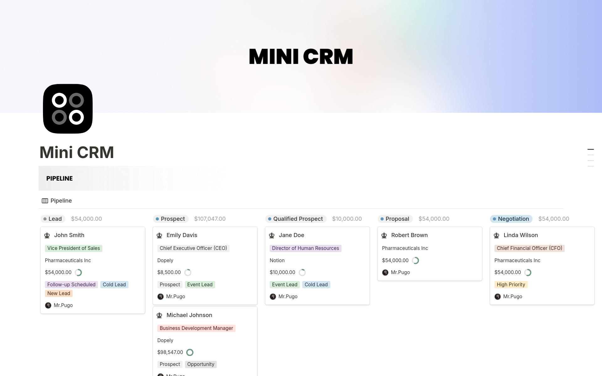 Streamline your sales process with the Mini CRM for Notion. Manage pipelines, track leads, and stay organized effortlessly.