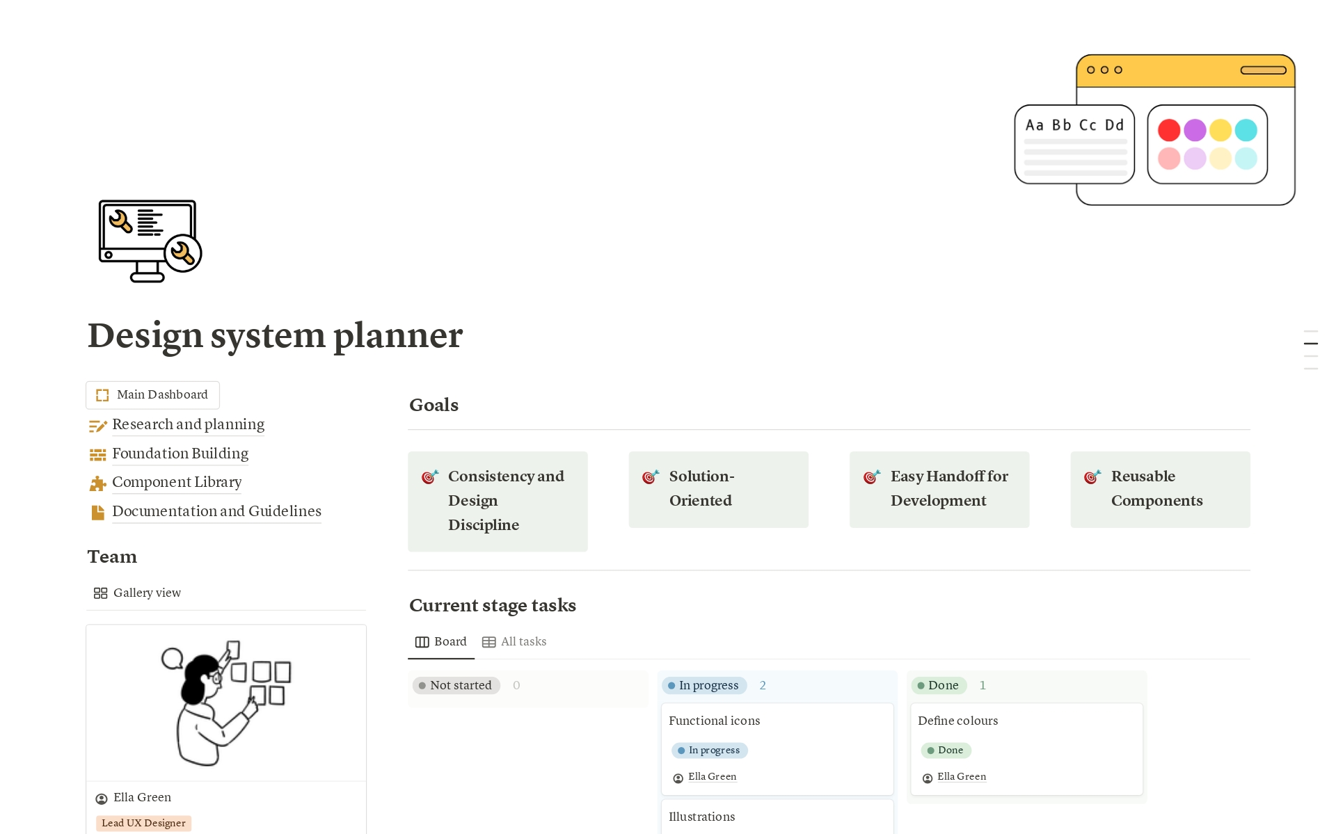 This Design System Planner was created to bring order, clarity, and efficiency to your design system projects. Inspired by Nathan Curtis's renowned methodology, this planner is your ultimate companion for structuring, documenting, and aligning every aspect of your design system w